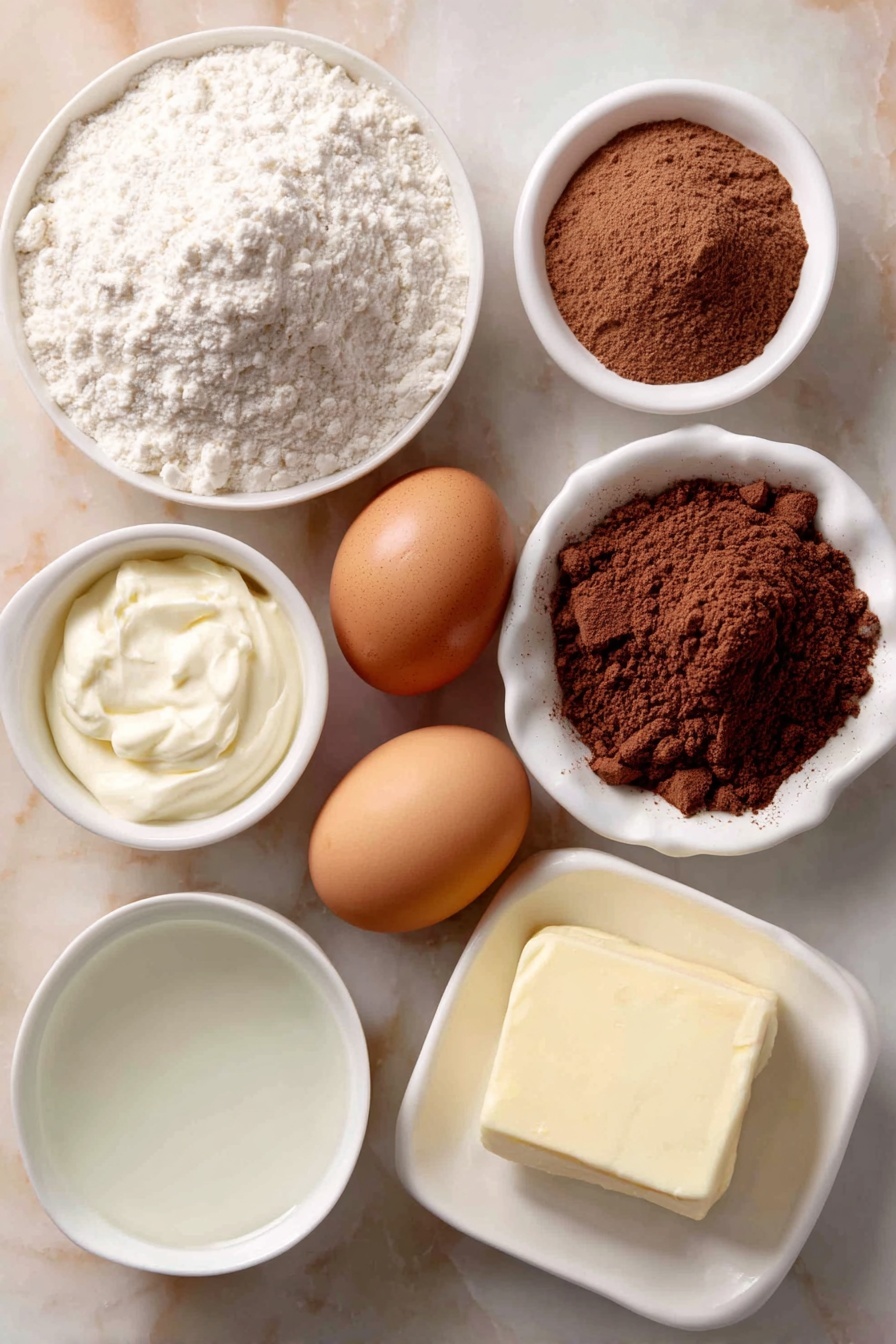 Flat lay of a small mound of all-purpose flour, a heap of unsweetened cocoa powder, a small pile of light brown sugar, three large whole brown eggs with clean shells, a few teaspoons of ground cinnamon and baking soda arranged neatly as fine powders, a pinch of salt and baking powder in tiny white bowls, a small white bowl of creamy mayonnaise, a small white bowl of hot water with steam rising subtly, a white ceramic dish holding a neat pat of shortening, and a small white bowl of clear vanilla extract liquid, all placed on a clean white marble surface, soft natural light, photo taken with an iPhone, professional food photography style, fresh ingredients, white ceramic bowls, no bottles, no duplicates, no utensils, no packaging --ar 2:3 --v 7 --p m7354615311229779997 - Chocolate Mayonnaise Sheet Cake, moist chocolate cake with mayonnaise, easy chocolate cake recipe, homemade chocolate sheet cake, rich chocolate dessert