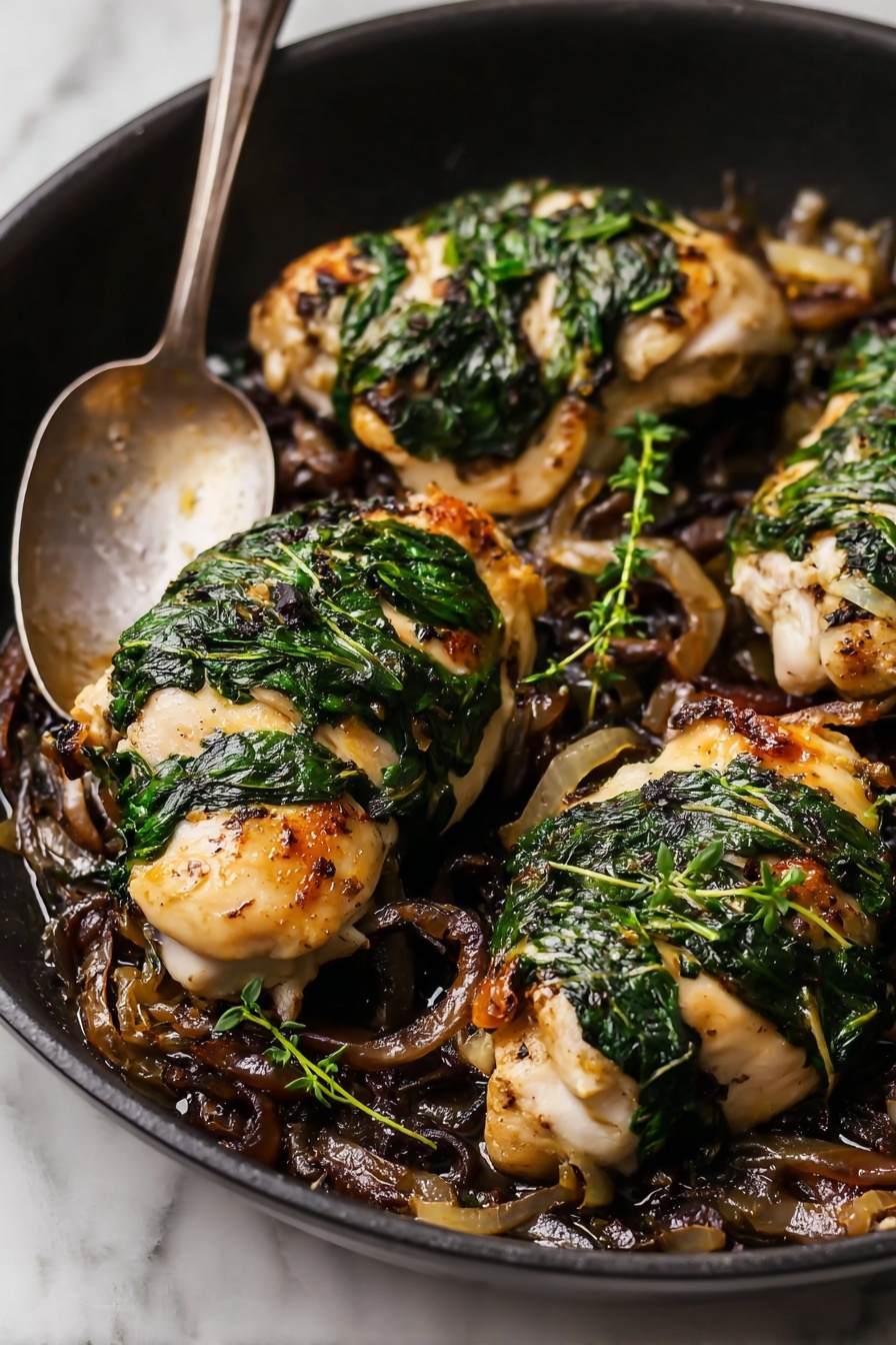 A black pan holds four white chicken pieces with dark green spinach leaves layered on top in stripes. The chicken rests over a bed of browned onions and mushrooms, creating a rich dark brown base. Small sprigs of fresh green herbs add extra detail around the chicken. A silver spoon rests on the edge of the pan which sits on a white marbled surface. The lighting highlights the juicy texture of the chicken and the leafy spinach on top, giving a warm and fresh look. photo taken with an iphone --ar 2:3 --v 7 - Stuffed Chicken Breast with Spinach and Mushrooms, Stuffed Chicken Breast, Spinach and Mushroom Stuffed Chicken, Juicy Chicken Breast recipes, Gourmet Stuffed Chicken