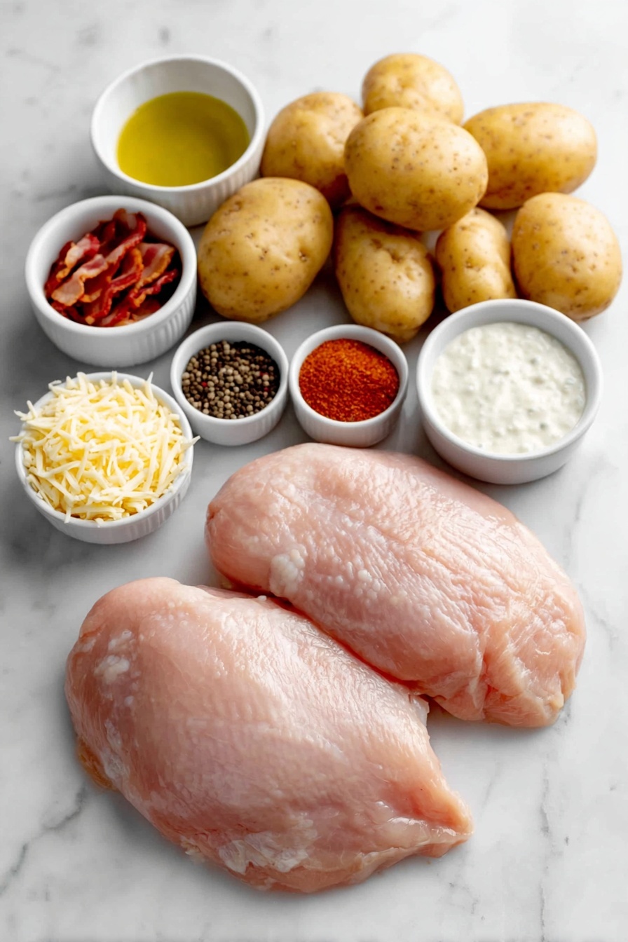 Flat lay of two whole uncut chicken breasts, four whole medium potatoes, six raw bacon strips, a small white bowl of olive oil, a small white bowl of dry ranch seasoning powder, a small white bowl of coarse salt, a small white bowl of black peppercorns, a small white bowl of paprika powder, a small white bowl of garlic powder, a small white bowl of shredded mozzarella cheese, a small white bowl of creamy ranch dressing, all arranged symmetrically on a clean white marble surface, soft natural light, photo taken with an iPhone, professional food photography style, fresh ingredients, white ceramic bowls, no bottles, no duplicates, no utensils, no packaging --ar 2:3 --v 7 --p m7354615311229779997 - Chicken Bacon Ranch Potato Skillet, hearty skillet dinner, easy chicken skillet recipe, bacon and ranch potato skillet, comforting one-pan meal