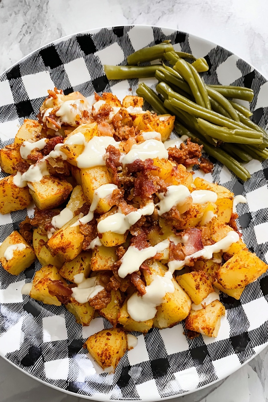 On a white plate with a black and white checkered pattern, there is a pile of diced cooked potatoes mixed with small pieces of browned meat and melted cheese. The potatoes and meat have a golden-brown and reddish color with a slightly crispy texture. White creamy sauce is drizzled over the top in uneven lines. To the side of this, there is a small pile of green beans, cut into short pieces, with a soft and smooth texture. The plate sits on a white marbled surface. photo taken with an iphone --ar 2:3 --v 7 - Chicken Bacon Ranch Potato Skillet, hearty skillet dinner, easy chicken skillet recipe, bacon and ranch potato skillet, comforting one-pan meal