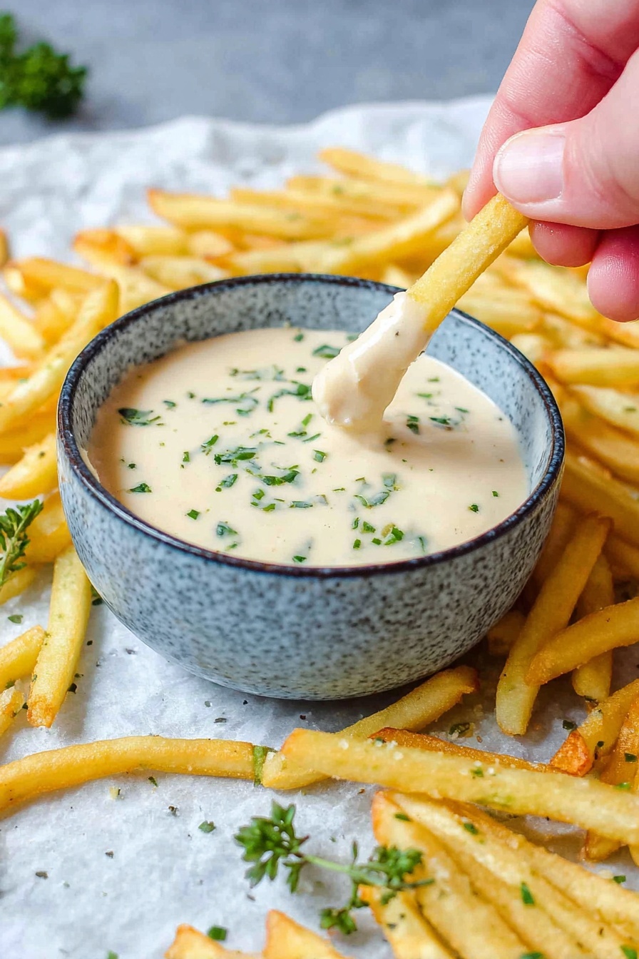 The image shows a small speckled blue bowl filled with a creamy, light beige dipping sauce dotted with small green herb pieces on top. The bowl sits on a white marbled surface that is scattered with golden-yellow French fries. A woman's hand is dipping two fries into the sauce. There are small green herb sprigs around the fries on the surface. photo taken with an iphone --ar 2:3 --v 7 - Roasted Garlic Aioli, garlic aioli recipe, homemade garlic aioli, roasted garlic sauce, AIoli dip
