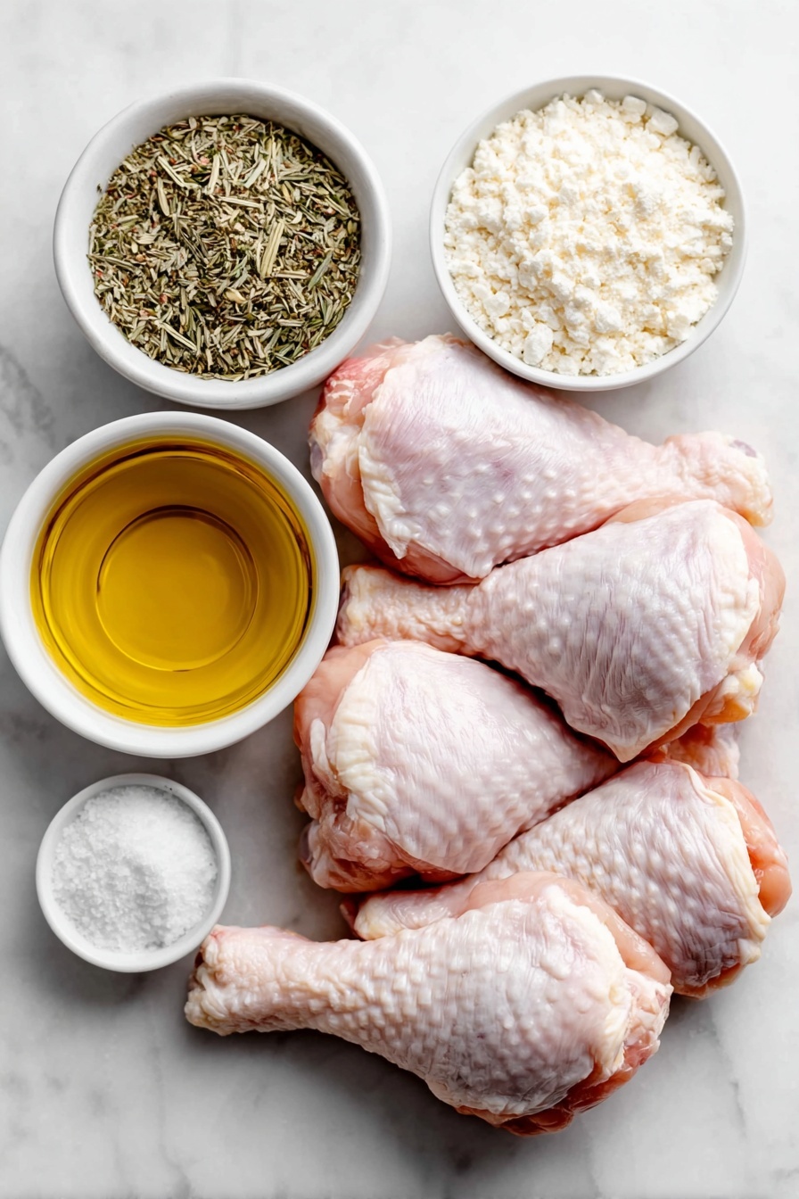 Flat lay of fresh, raw chicken drumsticks with clean skin and no excess fat, a small white ceramic bowl of golden olive oil, a small white ceramic bowl filled with brown poultry seasoning powder, a small white ceramic bowl containing coarse salt crystals, a small white ceramic bowl with black peppercorns, and a small white ceramic bowl of fine baking powder, all arranged symmetrically on a clean white marble surface, soft natural light, photo taken with an iPhone, professional food photography style, fresh ingredients, white ceramic bowls, no bottles, no duplicates, no utensils, no packaging --ar 2:3 --v 7 --p m7354615311229779997 - Crispy Baked Chicken Legs, baked chicken leg recipe, crispy chicken thighs, oven-baked chicken, easy baked chicken dinner