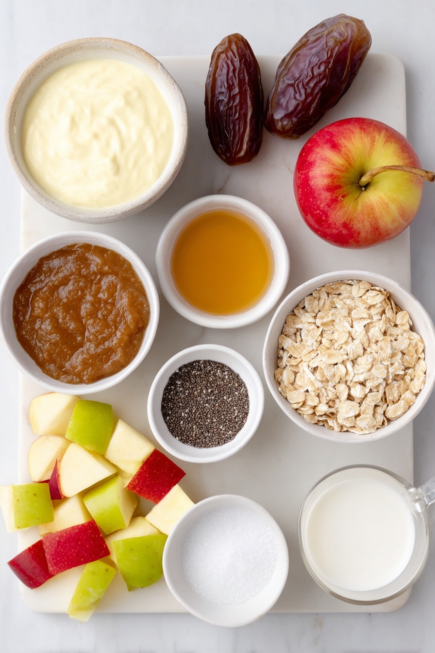Flat lay of a small white ceramic bowl of plain unsweetened plant-based yogurt, a few spoonfuls of smooth golden apple butter on a white plate, two whole medjool dates with glossy brown skin, a tiny white bowl with pale yellow miso paste, a small white bowl holding golden vanilla extract, cinnamon powder lightly poured in a small white bowl, a pinch of ground cardamom in a tiny white bowl, a small white bowl filled with coarse kosher salt crystals, a white ceramic cup filled with creamy soy milk, a small white bowl with black chia seeds, a small white bowl holding gluten-free rolled oats, a small white bowl with walnut halves, diced fresh bright red and yellow apples scattered softly on a white plate, a small white bowl with thick amber maple syrup, placed on a clean white marble surface, soft natural light, photo taken with an iPhone, professional food photography style, fresh ingredients, white ceramic bowls, no bottles, no duplicates, no utensils, no packaging --ar 2:3 --v 7 --p m7354615311229779997 - Apple Cinnamon Chia Pudding with Crispy Crumble, healthy breakfast chia pudding, apple cinnamon overnight oats, nourishing chia pudding recipes, easy fruit crumble desserts