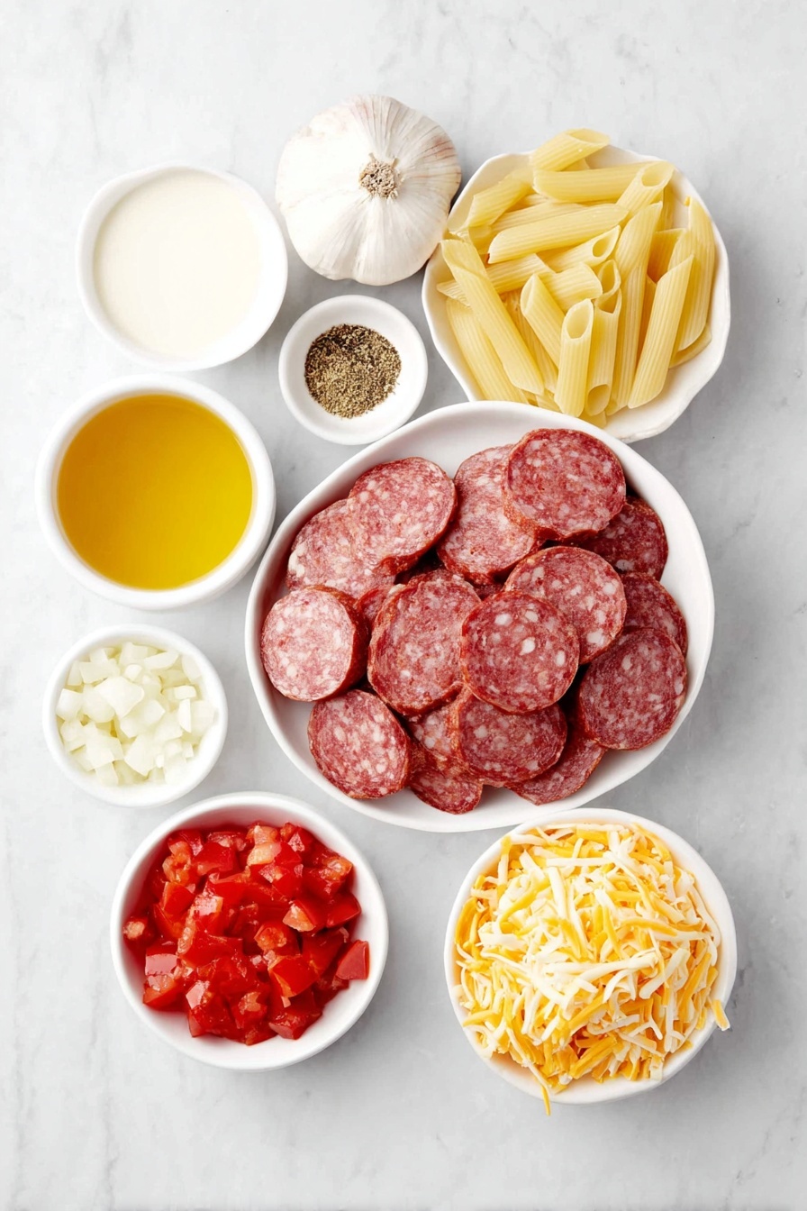 Flat lay of a simple white ceramic bowl filled with golden olive oil, a neat pile of sliced kielbasa sausage with a rich reddish-brown color, a small mound of diced white onion, two whole cloves of garlic with papery skin intact, a tiny white bowl holding dried Italian seasoning herbs, another small white bowl with creamy milk, a cluster of uncooked penne pasta with smooth, pale yellow tubes, a small white bowl filled with bright red diced Italian tomatoes, a small white bowl of light golden reduced-sodium chicken broth, a small white bowl containing ground black pepper, a generous pile of shredded orange and white Cheddar-Jack cheese, all arranged symmetrically and balanced on a clean white marble surface, soft natural light, photo taken with an iPhone, professional food photography style, fresh ingredients, white ceramic bowls, no bottles, no duplicates, no utensils, no packaging --ar 2:3 --v 7 --p m7354615311229779997 - Cheesy Kielbasa Pasta, Kielbasa Pasta recipes, hearty pasta dishes, quick weeknight dinners, creamy sausage pasta