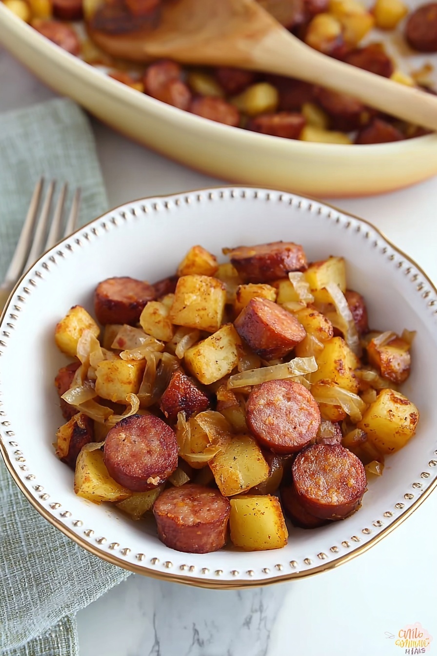 The image shows a yellow oval dish filled with a mixture of cooked sliced sausage and small cubes of potatoes, both browned with a slight crisp texture. The sausage pieces are round and reddish-brown, scattered evenly throughout the dish, while the potato cubes are golden brown and also mixed with very small bits of translucent cooked onions, adding texture and color contrast. The dish sits on a white marbled surface, and a white cloth is partially visible on the lower left side. Photo taken with an iphone --ar 2:3 --v 7 - Kielbasa and Potatoes Skillet, easy kielbasa and potato dinner, hearty sausage and potato skillet, quick kielbasa potato skillet recipe, one-pan kielbasa and potatoes