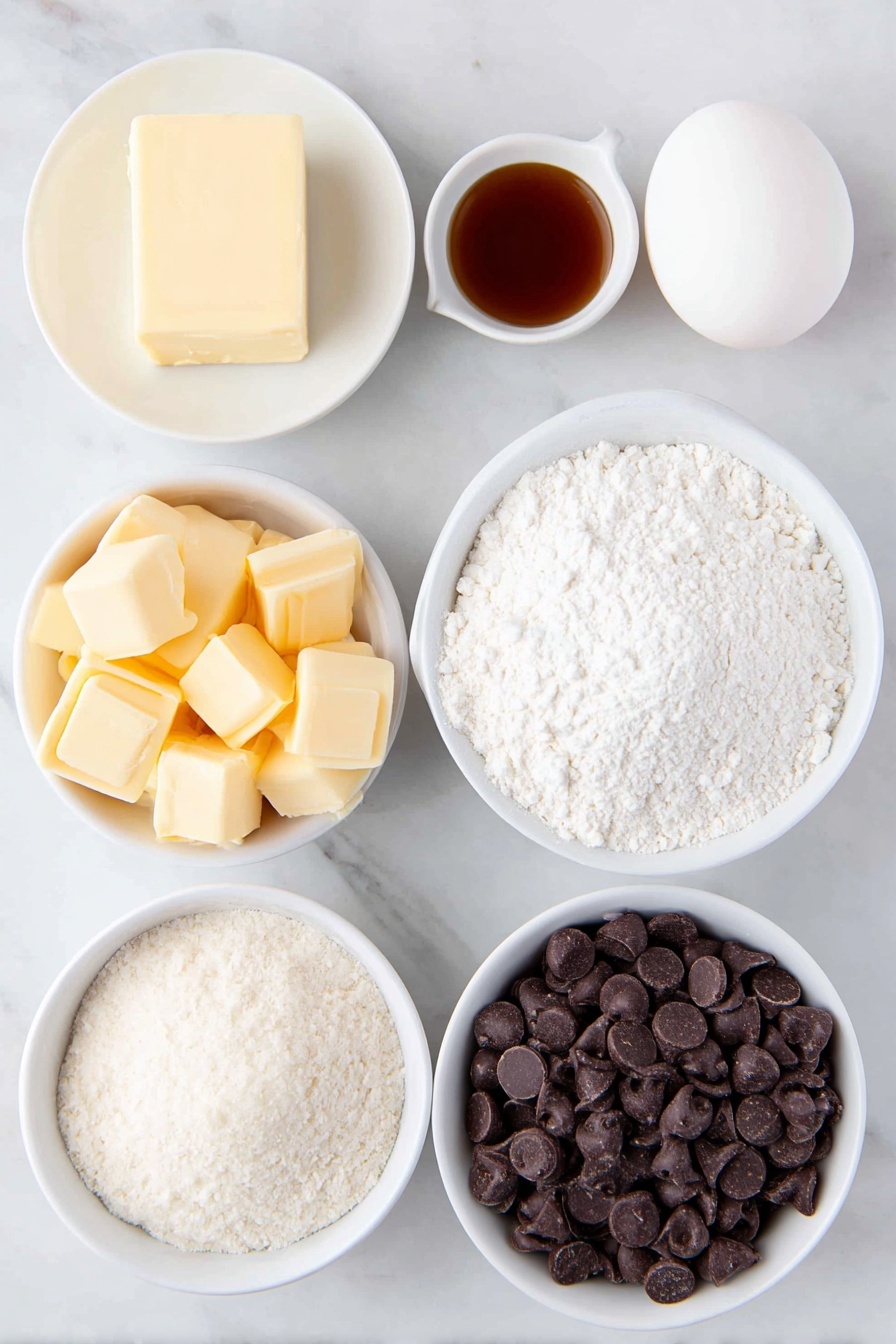Flat lay of a small square of salted butter, a small mound of granulated sugar, a whole egg white with a clean shell, a small white bowl of vanilla extract, a simple white bowl filled with all-purpose flour, a white bowl containing baking powder, a neat pile of unwrapped golden caramel squares, a small white bowl holding milk, and a simple white bowl filled with glossy milk chocolate chips, all arranged symmetrically on a clean white marble surface, soft natural light, photo taken with an iPhone, professional food photography style, fresh ingredients, white ceramic bowls, no bottles, no duplicates, no utensils, no packaging --ar 2:3 --v 7 --p m7354615311229779997 - Twix Cookie Cups, homemade Twix cookie treats, easy Twix-inspired desserts, caramel cookie cups, chocolate caramel cookie bites