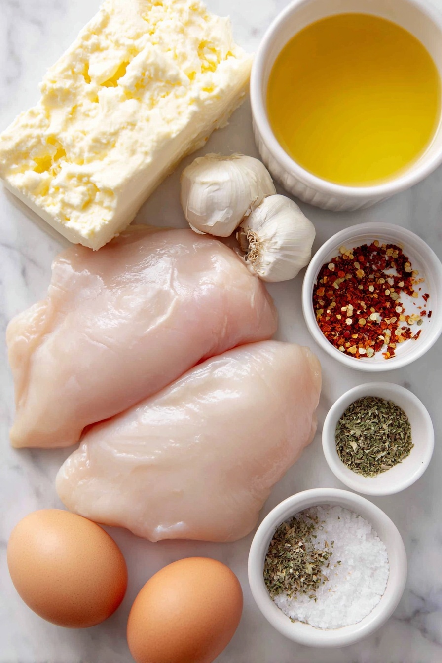 Flat lay of two large raw chicken breasts, a block of cream cheese cut into smaller pieces, a small white bowl of golden olive oil, a small white bowl of melted butter, a small white bowl of light golden chicken broth, a small white bowl of Italian seasoning powder, a small white bowl of crushed red pepper flakes, a small white bowl of garlic powder, three whole garlic bulbs with several peeled cloves, a medium yellow onion halved and chopped, a few sprigs of fresh parsley, and two whole uncracked brown eggs placed on a clean white marble surface, soft natural light, photo taken with an iPhone, professional food photography style, fresh ingredients, white ceramic bowls, no bottles, no duplicates, no utensils, no packaging --ar 2:3 --v 7 --p m7354615311229779997 - Cream Cheese Chicken Skillet, creamy chicken dinner, easy chicken skillet recipe, quick weeknight chicken, comfort food chicken recipes