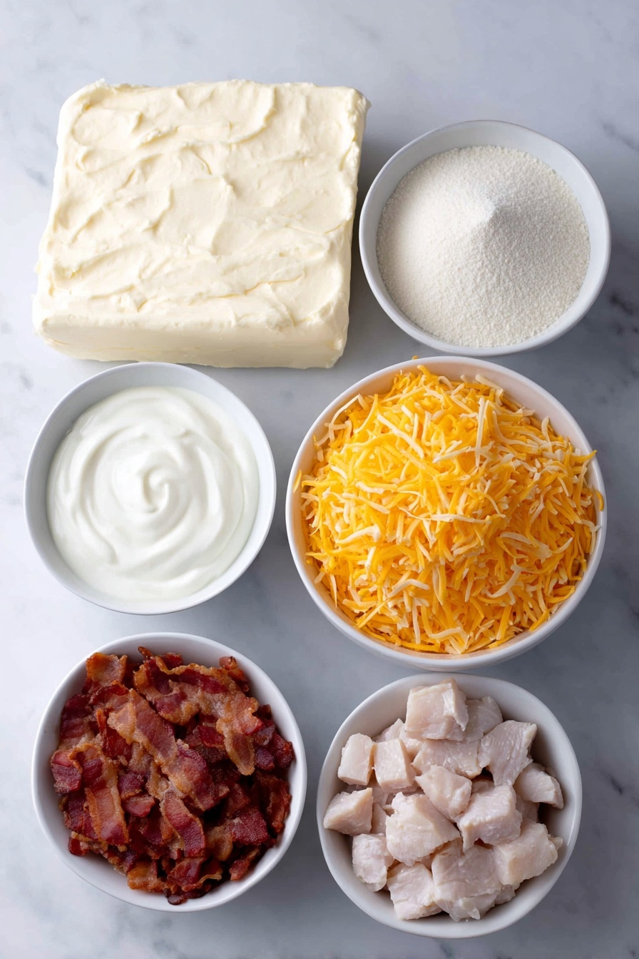 Flat lay of a small block of cream cheese, a small white bowl of ranch dressing powder, a small white bowl filled with chopped cooked bacon, a small white bowl piled with shredded cheddar cheese, a small white bowl of sour cream, a small white bowl with chopped cooked chicken, all arranged in perfect symmetry on a clean white marble surface, soft natural light, photo taken with an iPhone, professional food photography style, fresh ingredients, white ceramic bowls, no bottles, no duplicates, no utensils, no packaging --ar 2:3 --v 7 --p m7354615311229779997 - Crack Chicken Dip, cheesy savory dip, easy chicken dip, bacon ranch dip, party appetizer recipes