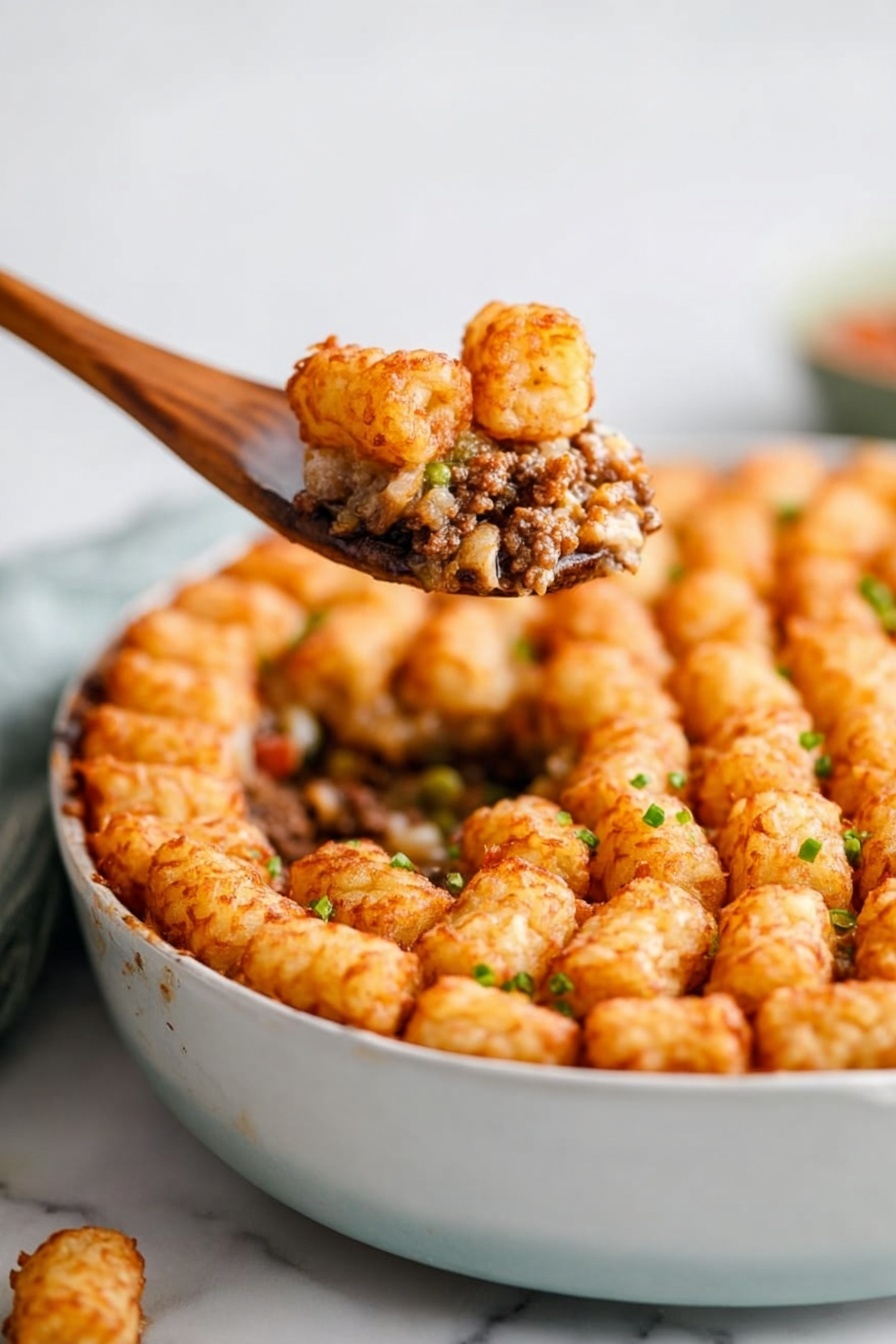 A large oval white pan with golden handles holds a dish of evenly arranged small golden brown baked pieces, likely tater tots, placed in tight concentric rows with a slightly crispy texture. Beneath the tots, a thick golden brown sauce can be seen filling the bottom of the pan, giving a warm, rich contrast to the crispy layer above. The pan sits on a white marbled surface, enhancing the warm colors of the dish. Photo taken with an iphone --ar 2:3 --v 7 - Cowboy Tater Tot Casserole, Tater Tot Casserole, cheesy meaty casserole, easy comfort food, hearty weeknight dinner