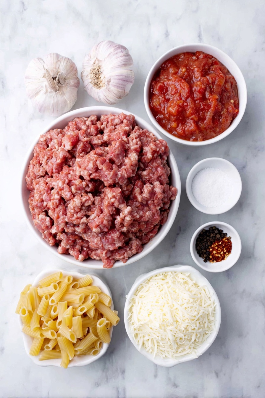 Flat lay of one cup of ziti pasta, a mound of fresh raw Italian sausage crumbles, four whole brown garlic bulbs unpeeled, a small white bowl filled with bright red crushed tomatoes, a small white bowl with coarse white salt crystals, a small white bowl holding white granulated sugar, a small white bowl with red crushed chili flakes, a small white bowl of heavy cream, a small heap of grated pecorino Romano cheese, a small bunch of fresh green basil leaves, a small mound of shredded whole milk mozzarella cheese, all arranged with perfect symmetry on a clean white marble surface, soft natural light, photo taken with an iPhone, professional food photography style, fresh ingredients, white ceramic bowls, no bottles, no duplicates, no utensils, no packaging --ar 2:3 --v 7 --p m7354615311229779997 - Creamy Sausage Baked Ziti, cheesy baked pasta with sausage, easy Italian sausage ziti, comforting baked ziti recipe, family-friendly pasta casserole