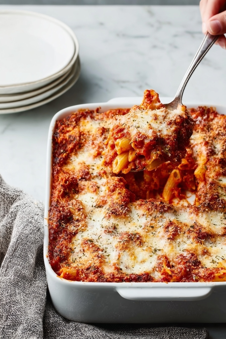 The image shows a white rectangular baking dish filled with baked pasta covered in tomato sauce and melted cheese. The dish features at least two distinct layers: a bottom layer of pasta coated in a rich red tomato sauce with visible herbs, and a thick top layer of bubbling, golden-browned melted cheese that is unevenly spread, giving a textured look. A silver spoon lifts a serving of the pasta from the lower right corner of the dish, revealing more sauce and pasta underneath. The background has a white marbled texture with a white plate stack on the left and a textured gray cloth on the right. A woman's hand holds the spoon, lifting the food. Photo taken with an iphone --ar 2:3 --v 7 - Creamy Sausage Baked Ziti, cheesy baked pasta with sausage, easy Italian sausage ziti, comforting baked ziti recipe, family-friendly pasta casserole