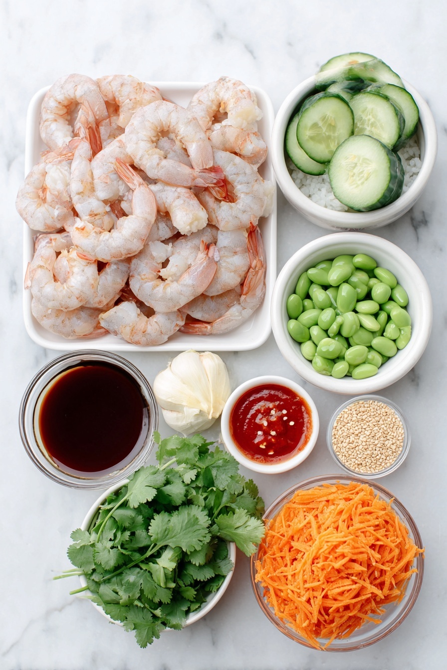 Flat lay of fresh raw shrimp with a light pink hue, a small pile of fluffy white cooked rice, a halved English cucumber with bright green seeds, a cup of vibrant green shelled edamame, thinly sliced orange shredded carrot, a whole glossy green jalapeño pepper, a small bunch of fresh cilantro leaves, a quarter cup of sliced green onion rings, a peeled whole garlic clove, a small pile of freshly grated pale yellow ginger, a small white ceramic bowl of dark reddish-brown low-sodium soy sauce, a small white ceramic bowl of bright red sweet chili sauce, a small white ceramic bowl of vibrant red Sriracha sauce, a small white ceramic bowl with golden light sesame oil, a small white ceramic bowl containing creamy pale mayo, a small white ceramic bowl filled with toasted light brown sesame seeds, and a sprinkle of crushed red pepper flakes -- all arranged with perfect symmetry and balanced proportions on a clean white marble surface, soft natural light, photo taken with an iPhone, professional food photography style, fresh ingredients, white ceramic bowls, no bottles, no duplicates, no utensils, no packaging --ar 2:3 --v 7 --p m7354615311229779997 - Spicy Shrimp Rice Bowls, spicy shrimp bowl recipe, flavorful shrimp rice bowl, quick shrimp dinner, easy shrimp bowl