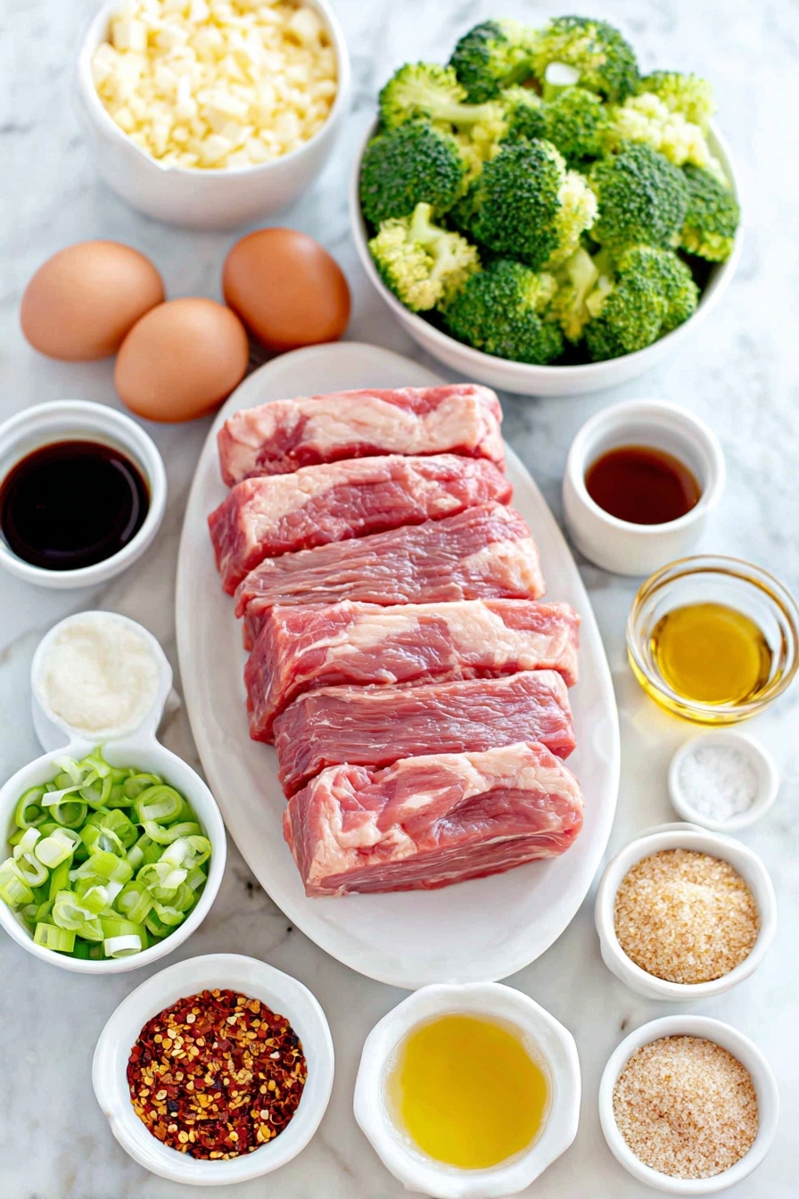 Flat lay of fresh raw flank steak slices arranged neatly on a simple white ceramic plate, a small white bowl of broccoli florets, a few green onions sliced thinly placed beside it, two whole uncracked brown eggs with clean shells, a small white bowl of freshly minced garlic, a small white bowl of light brown sugar, a small white bowl of soy sauce, a small white bowl of oyster sauce, a small white bowl of dark soy sauce, a small white bowl of black vinegar, a small white bowl of toasted sesame oil, a small white bowl of chicken broth, a small white bowl of cornstarch, a small white bowl of avocado oil, a small white bowl of red pepper flakes, a small white bowl of coarse salt, a small white bowl of freshly cracked black pepper, and a small white bowl containing baking soda, all placed on a clean white marble surface, soft natural light, photo taken with an iPhone, professional food photography style, fresh ingredients, white ceramic bowls, no bottles, no duplicates, no utensils, no packaging --ar 2:3 --v 7 --p m7354615311229779997 - Chinese Beef with Garlic Sauce, Chinese beef stir-fry, garlic sauce beef recipe, easy Chinese beef recipes, takeout-style Chinese beef