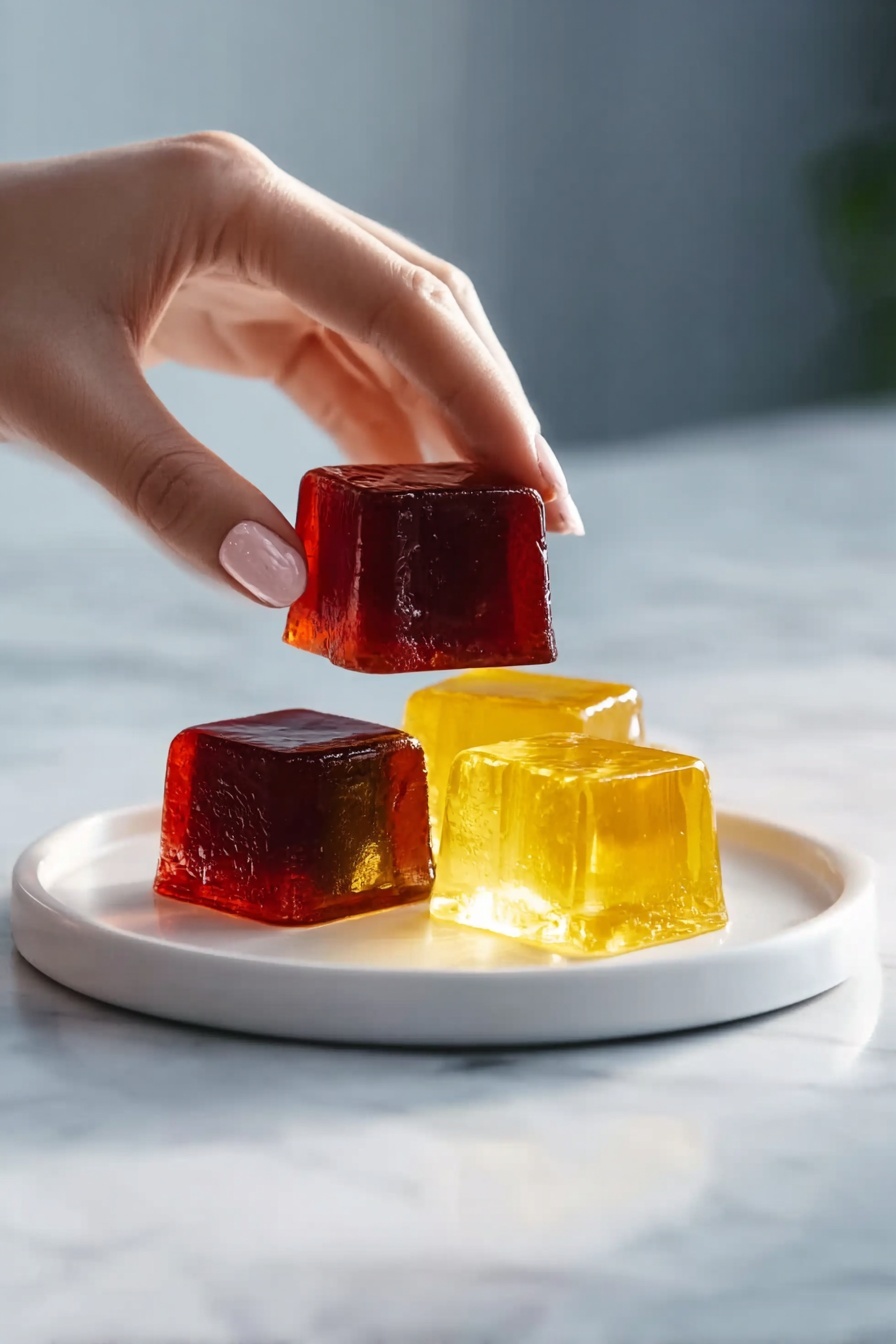 On a white plate with a white marbled surface beneath, there are three jelly squares arranged with two on the plate and one being held above by a woman's hand with light skin and painted nails. The jelly squares have clear, shiny textures with light glowing through them; two are dark red and one is bright yellow, all stacked or placed close together. The scene is soft-lit with a blurred background, giving a calm and clean look photo taken with an iphone --ar 2:3 --v 7 - Gelatin Weight Loss Drink, healthy weight loss drinks, natural weight loss beverages, easy detox drinks, low-calorie gelatin drinks