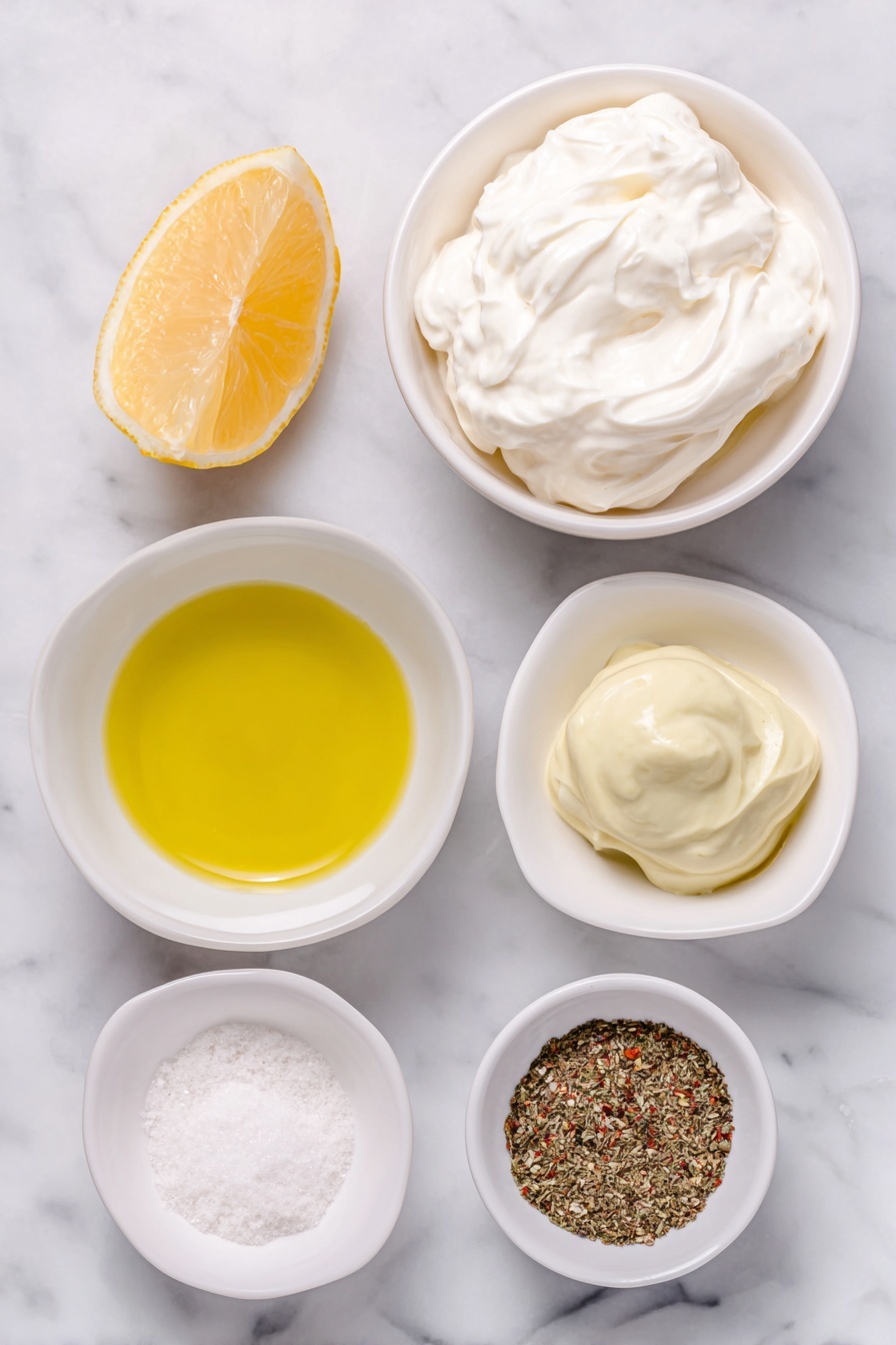Flat lay of creamy white mayonnaise dollop, a small white ceramic bowl with bright yellow freshly squeezed lemon juice, a small white ceramic bowl filled with golden olive oil, a small white ceramic bowl holding smooth pale yellow Dijon mustard, a small white ceramic bowl with fine white garlic powder, a small white ceramic bowl of fine white salt, a small white ceramic bowl containing freshly ground black pepper, all arranged symmetrically and naturally fresh, placed on a clean white marble surface, soft natural light, photo taken with an iPhone, professional food photography style, fresh ingredients, white ceramic bowls, no bottles, no duplicates, no utensils, no packaging --ar 2:3 --v 7 --p m7354615311229779997 - Creamy Lemon Salad Dressing, lemon salad dressing recipe, tangy salad dressing, quick healthy salad dressing, versatile lemon dressing