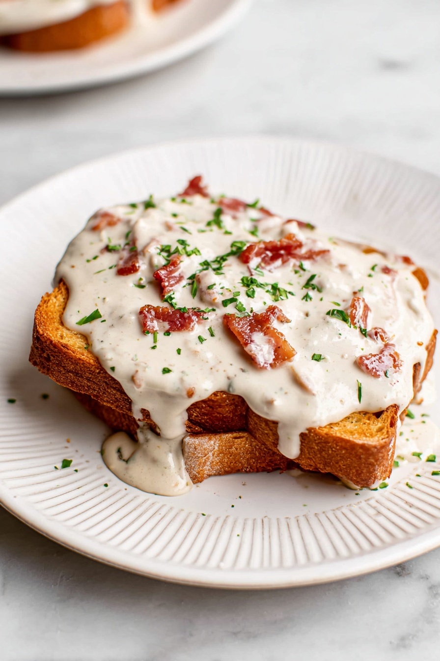 The image shows a close-up of a black pan filled with thick, creamy white sauce mixed with small, thin pieces of reddish-brown meat scattered evenly throughout. A dark brown-handled spoon is partially dipped into the sauce on the right side of the pan. The pan is placed on a white marbled surface with a soft, out-of-focus slice of bread in the background on the upper left side. The texture of the sauce looks smooth with small bits adding visual contrast. Photo taken with an iphone --ar 2:3 --v 7 - Chipped Beef on Toast, classic comfort food, easy breakfast recipes, hearty quick meals, savory breakfast ideas