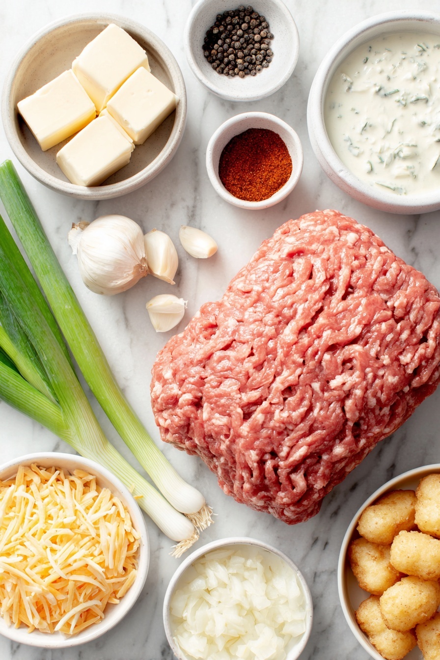 Flat lay of lean ground beef shaped into a neat mound, a small pat of salted butter, three fresh green onions whole with bright green stalks, one crisp green bell pepper diced, three peeled garlic cloves whole, a small white bowl of smoked paprika powder, a small white bowl of coarse salt, a small white bowl of black peppercorns, a small white bowl of sweet corn kernels, a small white bowl of black beans, a small white bowl of diced fresh tomatoes with green and red chili pieces (Rotel style), a small white bowl of full-fat sour cream, a small white bowl of whole milk, a small white bowl of low-sodium chicken broth, a pile of freshly shredded mozzarella cheese, a pile of freshly shredded cheddar cheese, and a neat layer of frozen tater tots arranged in a simple white ceramic dish, all placed on a clean white marble surface, soft natural light, photo taken with an iPhone, professional food photography style, fresh ingredients, white ceramic bowls, no bottles, no duplicates, no utensils, no packaging --ar 2:3 --v 7 --p m7354615311229779997 - Cowboy Tater Tot Casserole, Tater Tot Casserole, cheesy meaty casserole, easy comfort food, hearty weeknight dinner