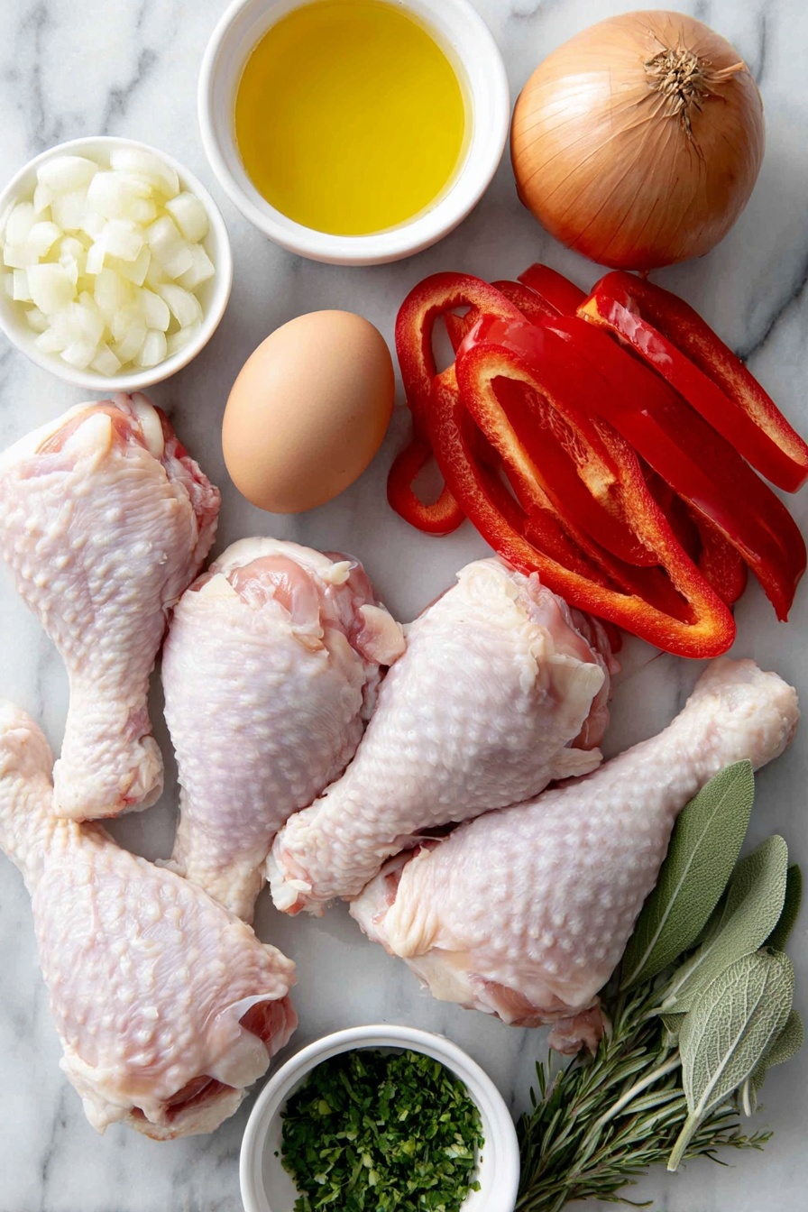 Flat lay of fresh bone-in, skin-on chicken legs and drumsticks arranged beside a whole uncracked brown egg, a medium yellow onion thinly sliced, a large red bell pepper sliced into strips, several peeled garlic cloves sliced, small white ceramic bowls containing extra-virgin olive oil, dry white wine, crushed whole peeled tomatoes with reserved juices, and sprigs of fresh rosemary and sage plus a bay leaf, alongside a small white ceramic bowl with minced flat-leaf parsley, all placed symmetrically on a clean white marble surface, soft natural light, photo taken with an iPhone, professional food photography style, fresh ingredients, white ceramic bowls, no bottles, no duplicates, no utensils, no packaging --ar 2:3 --v 7 --p m7354615311229779997 - Classic Chicken Cacciatore, Chicken Cacciatore recipe, Italian chicken dishes, hearty chicken recipes, easy Italian chicken