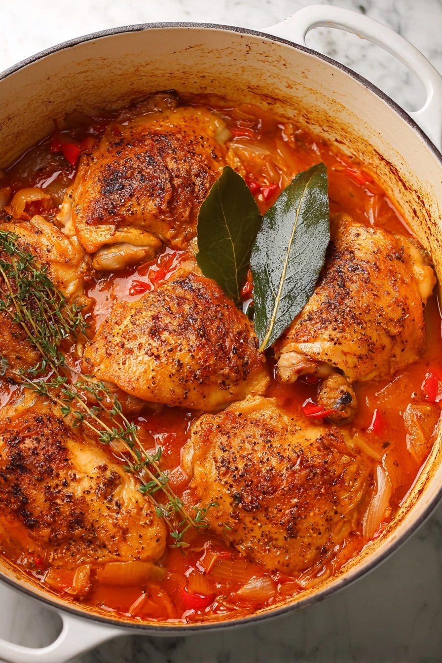 A white pot filled with five cooked chicken pieces partly covered by a rich orange-red sauce with bits of red peppers and onions visible. The chicken skin is browned and seasoned with black pepper, showing a textured surface. On top of the chicken, there is a sprig of fresh thyme and a large green bay leaf. The pot sits on a white marbled surface. photo taken with an iphone --ar 2:3 --v 7 - Classic Chicken Cacciatore, Chicken Cacciatore recipe, Italian chicken dishes, hearty chicken recipes, easy Italian chicken