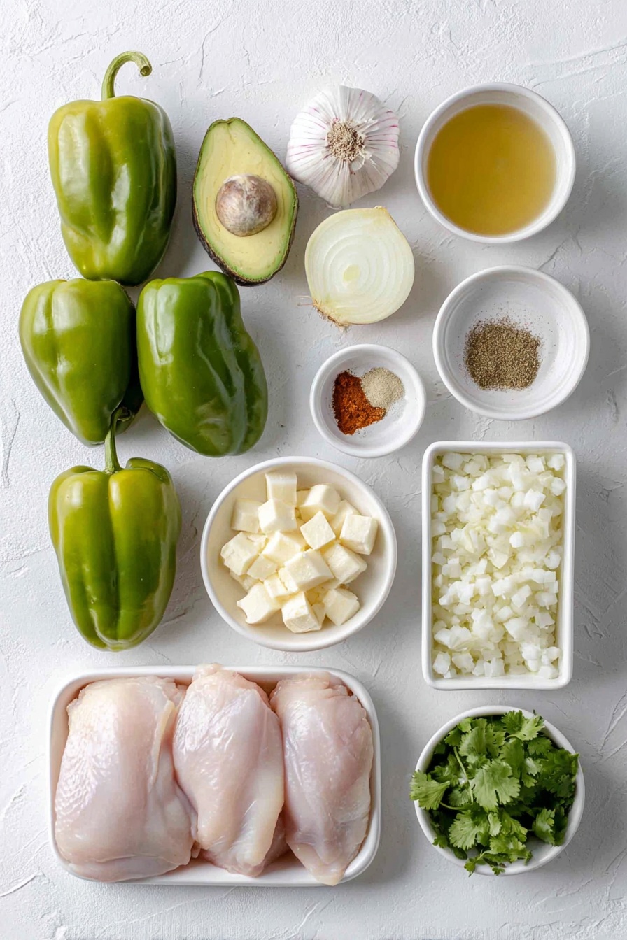 Flat lay of two fresh poblano peppers, two bright Anaheim peppers, six peeled green tomatillos, one thinly sliced yellow onion, two whole cloves of garlic with skin on, a small white ceramic bowl of vegetable oil, a small white ceramic bowl of golden chicken broth, two raw boneless skinless chicken breasts, a small white ceramic bowl of ground cumin, a small white ceramic bowl of dried oregano, a small white ceramic bowl of chili powder, a small white ceramic bowl of kosher salt, a small white ceramic bowl of drained and rinsed hominy, one whole lime, three sprigs of fresh cilantro, one ripe avocado cut into cubes, three thinly sliced radishes all arranged with perfect symmetry on a clean white marble surface, soft natural light, photo taken with an iPhone, professional food photography style, fresh ingredients, white ceramic bowls, no bottles, no duplicates, no utensils, no packaging --ar 2:3 --v 7 --p m7354615311229779997 - Slow Cooker Chicken Posole Verde, Chicken Posole Verde, Posole Verde Recipe, Easy Posole Verde, Healthy Chicken Stew