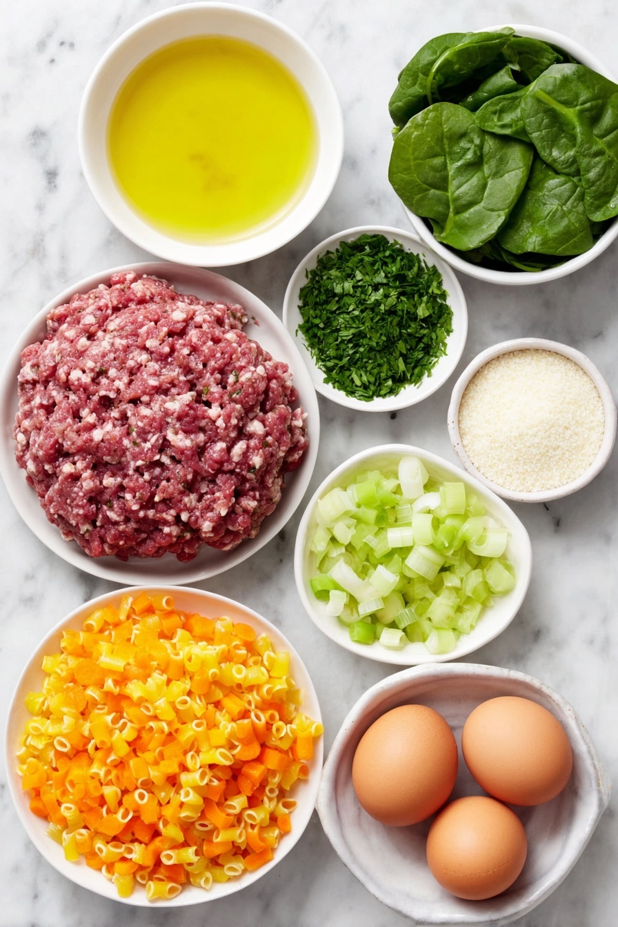 Flat lay of a small white ceramic bowl of golden olive oil, a small white ceramic bowl of finely grated Parmesan cheese, fresh bright green parsley sprigs finely chopped on a white ceramic plate, three whole brown eggs with clean shells, a small white ceramic bowl of Italian seasoned breadcrumbs, two halves of uncooked ground meat—one reddish ground beef and one slightly lighter ground pork—neatly portioned on a white ceramic plate, three fresh peeled garlic cloves, a diced yellow onion on a white ceramic plate, diced fresh orange carrots arranged neatly on a white ceramic plate, two celery ribs diced and placed on a white ceramic plate, a small white ceramic bowl of dried Italian seasoning herbs, a small white ceramic bowl filled with uncooked acini di pepe pasta, a small white ceramic bowl of fresh vibrant green spinach leaves, all ingredients spread in perfect symmetry and balanced proportions, placed on a clean white marble surface, soft natural light, photo taken with an iPhone, professional food photography style, fresh ingredients, white ceramic bowls, no bottles, no duplicates, no utensils, no packaging --ar 2:3 --v 7 --p m7354615311229779997 - Italian Wedding Soup with Meatballs, Italian Wedding Soup, Meatball Soup, Comforting Italian Soup, Easy Italian Soup Recipes