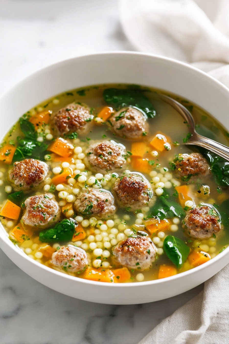 A deep white bowl filled with clear broth soup containing about twelve small round browned meatballs floating evenly on the surface, mixed with bright orange carrot chunks and small pale yellow round grains. There are bright green leafy spinach pieces scattered around, and small bits of herbs sprinkled throughout the soup for a fresh look. A silver spoon rests inside the bowl on the right side, and the bowl is placed on a smooth white marbled surface with a soft white cloth partially visible to the right. photo taken with an iphone --ar 2:3 --v 7 - Italian Wedding Soup with Meatballs, Italian Wedding Soup, Meatball Soup, Comforting Italian Soup, Easy Italian Soup Recipes