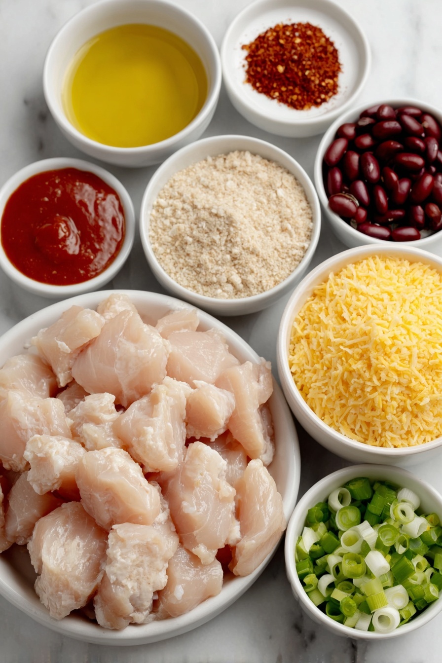 Flat lay of diced raw boneless skinless chicken breasts, a small drizzle of olive oil in a white ceramic bowl, a small white bowl of diced red onion, a small white bowl with paprika powder, a small white bowl with cumin powder, a small white bowl of kosher salt, a small white bowl of rinsed black beans, a small white bowl of bright orange buffalo sauce, a small white bowl of cooked brown rice, a small white bowl of shredded cheddar cheese, and a few fresh green scallions with white ceramic bowls, all arranged with perfect symmetry and balanced proportions, placed on a clean white marble surface, soft natural light, photo taken with an iPhone, professional food photography style, fresh ingredients, white ceramic bowls, no bottles, no duplicates, no utensils, no packaging --ar 2:3 --v 7 --p m7354615311229779997 - Buffalo Chicken Rice Bowl, Buffalo Chicken Bowls, Spicy Chicken Rice Recipe, Healthy Dinner Ideas, Quick Weeknight Meals