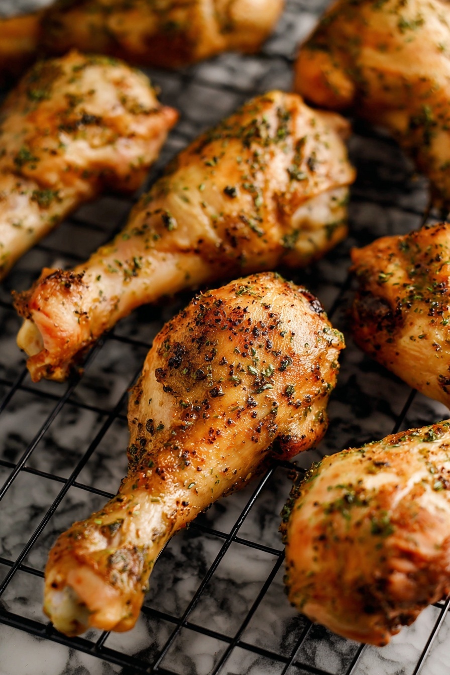 A white plate with a thin black rim is piled high with several cooked chicken drumsticks. Each drumstick has a golden-brown color with a textured surface from the herbs and spices sprinkled generously all over them. Small green bits of seasoning are visible on the chicken and scattered lightly around the plate. The plate sits on a white marbled surface, and the background is softly blurred, keeping the focus on the drumsticks. Photo taken with an iphone --ar 2:3 --v 7 - Crispy Baked Chicken Legs, baked chicken leg recipe, crispy chicken thighs, oven-baked chicken, easy baked chicken dinner