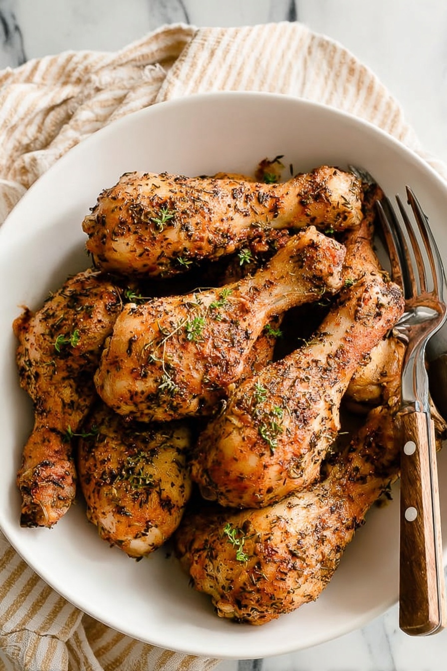 A white bowl filled with several golden-brown chicken drumsticks, each covered with dry herbs and small green garnish pieces. The drumsticks have a slightly crispy texture with visible seasoning scattered all over. A fork and knife with wooden handles rest inside the bowl on the right side. The bowl sits on a white marbled surface with a beige-striped cloth partially shown on the left side. photo taken with an iphone --ar 2:3 --v 7 - Crispy Baked Chicken Legs, baked chicken leg recipe, crispy chicken thighs, oven-baked chicken, easy baked chicken dinner