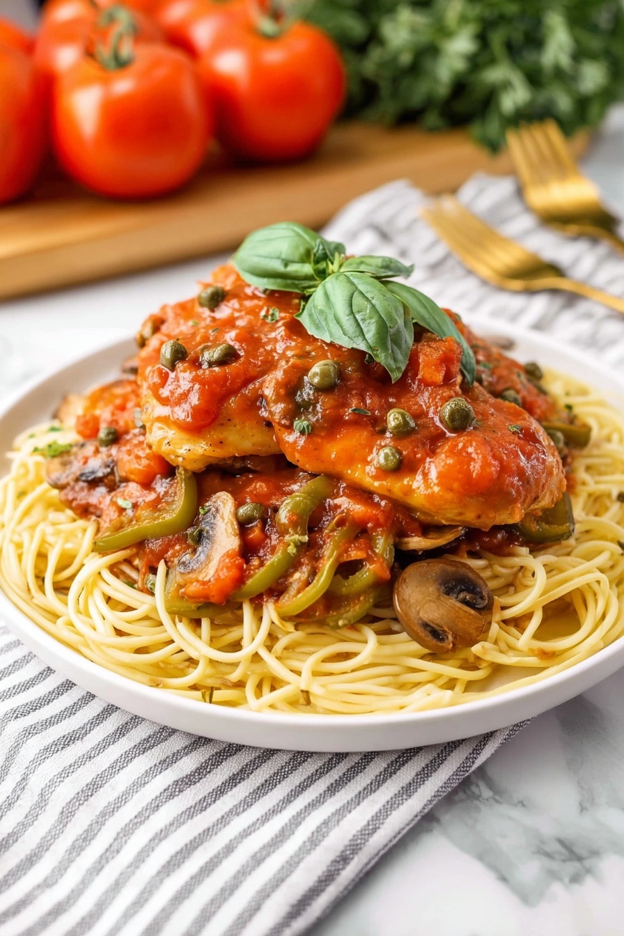 A white plate holds a bed of light yellow spaghetti, topped with cooked green bell peppers, sliced brown mushrooms, and a rich red tomato sauce speckled with green capers and herbs. On top of the pasta sits a piece of chicken covered in the same tomato sauce, with visible herbs and capers on it. A fresh green basil leaf garnishes the chicken, adding contrast to the warm colors. In the background, bright red tomatoes and green herbs rest softly out of focus, all set on a white marbled surface. Gold utensils lie beside the plate on a striped white and grey cloth. Photo taken with an iphone --ar 2:3 --v 7 - Crockpot Chicken Cacciatore, Slow cooker Italian chicken, Easy Chicken Cacciatore recipe, Hearty Italian chicken dinner, Cheap healthy crockpot meals