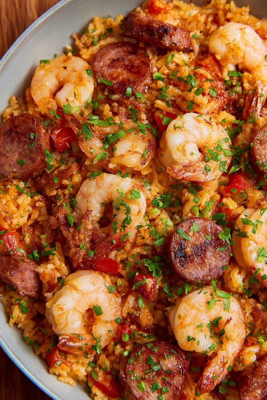 The dish has many layers mixed together, with orange-colored rice as the base layer, soft and slightly oily with small pieces of green herbs sprinkled on top. Scattered above the rice are light pink shrimp with a smooth texture and slightly curled tails, along with browned sausage slices that have a firm, slightly crispy surface and dark edges. There are also small pieces of red diced vegetables mixed throughout, adding touches of color. The entire mix is vibrant with shades of orange, red, green, and light pink, creating a rich, hearty look. Photo taken with an iphone --ar 2:3 --v 7 - Easy Shrimp and Sausage Jambalaya, Shrimp and Sausage Jambalaya, Southern Jambalaya, One-Pot Jambalaya Recipe, Comfort Food Dinner