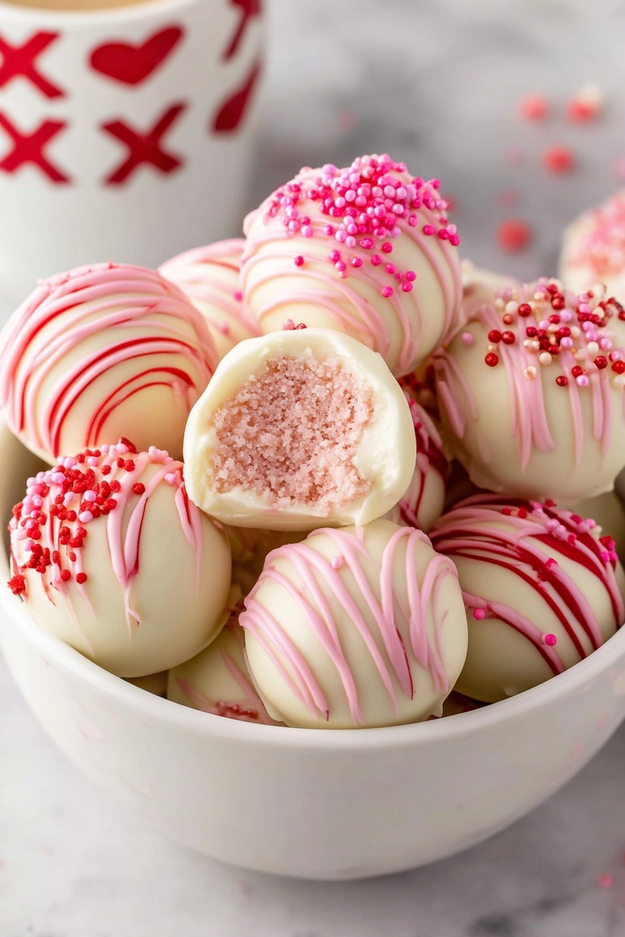 A white bowl full of round, white chocolate balls with different decorations. Some balls have pink and red small round sprinkles on top, some have pink and white stripes of chocolate drizzled over them. One ball is broken open showing a soft, pink inside crumbly texture. The bowl sits on a white marbled surface, with a blurry cup in the background that has red X's and O's on it. photo taken with an iphone --ar 2:3 --v 7 - Strawberry Cake Truffles, strawberry dessert, no-bake strawberry treats, chocolate strawberry truffles, easy strawberry sweets
