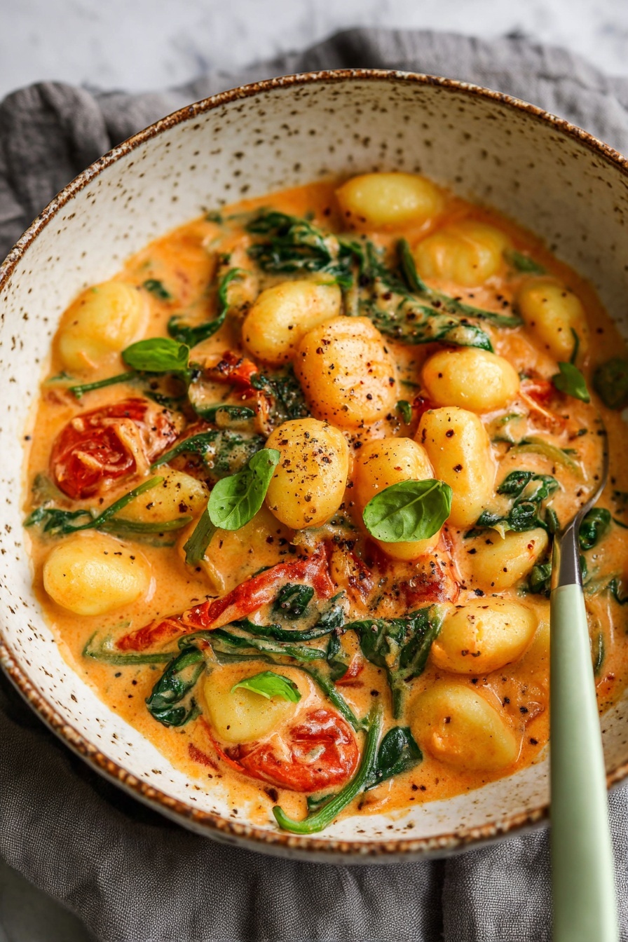 The image shows a bowl of creamy orange gnocchi dish with round gnocchi pieces mostly on top covered in orange sauce, mixed with pieces of wilted bright green spinach leaves and bits of red tomatoes. The dish has flecks of black pepper sprinkled all over. The bowl is large, white with speckled and brown rim, and sits on a grey cloth. A light green spoon handle is visible inside the bowl. The background is a white marbled texture. Photo taken with an iphone --ar 2:3 --v 7 - Creamy Roasted Tomato Gnocchi, roasted tomato pasta, vegan creamy gnocchi, tomato and coconut sauce, easy vegan gnocchi recipe