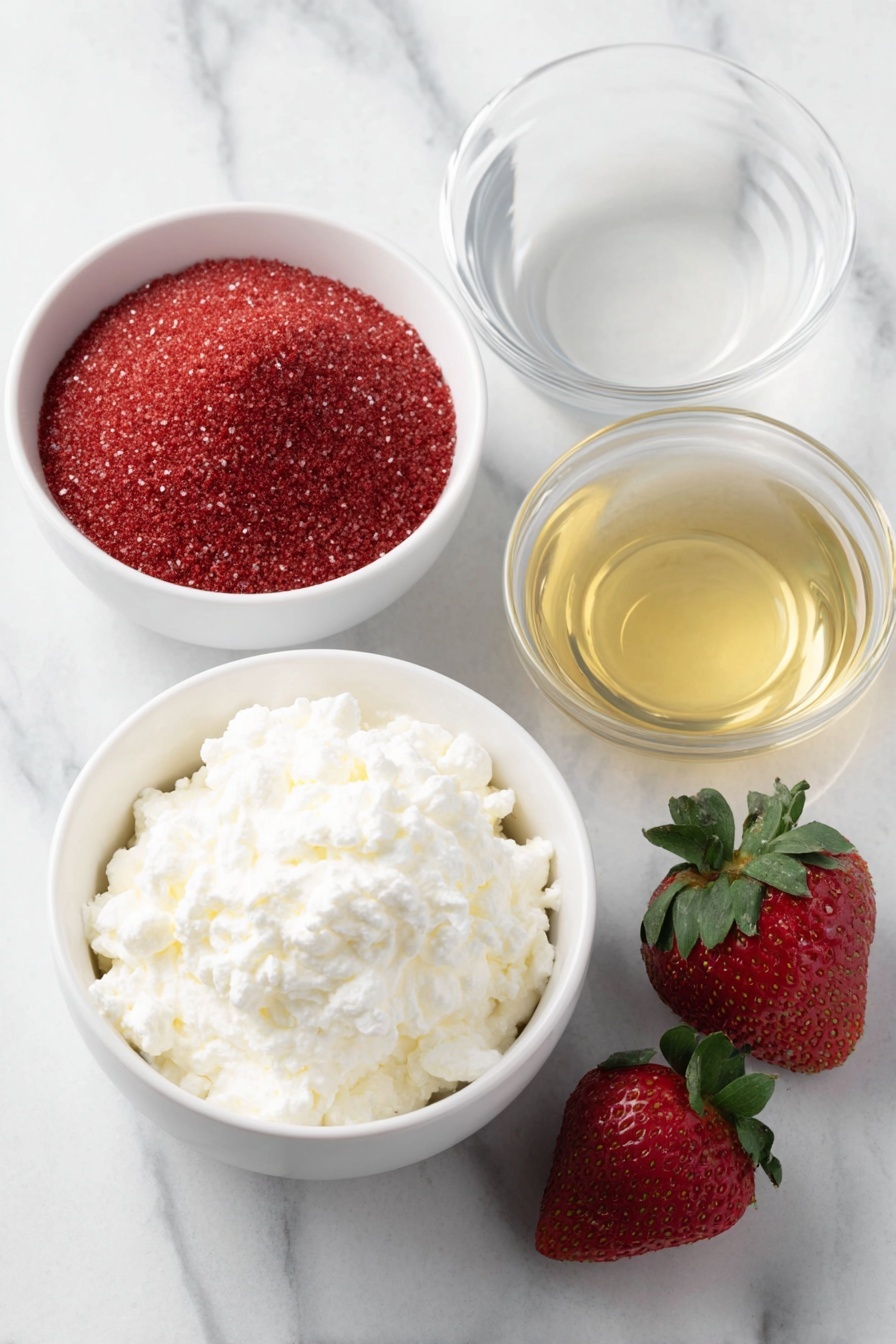 Flat lay of a small mound of bright red strawberry gelatin powder, a generous white ceramic bowl filled with thick creamy Greek yogurt, a small white bowl of clear hot boiling water steaming gently, another small white bowl of cold water with faint condensation on the outside, a few fresh whole strawberries with green leafy tops, and a dollop of fluffy white whipped cream softly peaked on a simple white plate, arranged with perfect symmetry, placed on a clean white marble surface, soft natural light, photo taken with an iPhone, professional food photography style, fresh ingredients, white ceramic bowls, no bottles, no duplicates, no utensils, no packaging --ar 2:3 --v 7 --p m7354615311229779997 - Creamy Greek Yogurt Strawberry Jello, strawberry yogurt dessert, easy healthy fruit jello, quick strawberry gelatin treat, homemade strawberry yogurt treat