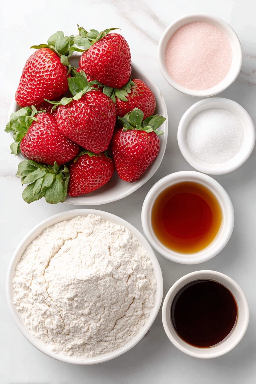 Flat lay of fresh whole strawberries with green leaves, a small mound of plain all-purpose flour on a white ceramic plate, a small white ceramic bowl filled with granulated sugar, a small white ceramic bowl containing light neutral oil, a small white ceramic bowl with dairy-free milk, a small white ceramic bowl holding apple cider vinegar, a small white ceramic bowl with vanilla extract, a small white ceramic bowl with pink gel food coloring, a pinch of fine salt on the white surface, a small heap of baking powder on the white surface, placed on a clean white marble surface, soft natural light, photo taken with an iPhone, professional food photography style, fresh ingredients, white ceramic bowls, no bottles, no duplicates, no utensils, no packaging --ar 2:3 --v 7 --p m7354615311229779997 - Vegan Strawberry Cake, vegan strawberry dessert, easy vegan cake, fruit-based vegan cake, plant-based strawberry treat