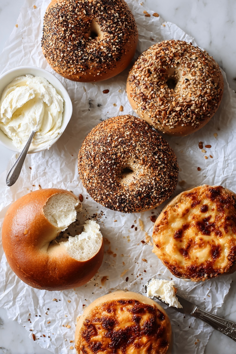 The image shows six bagels on crumpled white parchment paper over a white marbled surface. Two bagels are covered with mixed seeds, showing a mix of brown, white, and black sesame seeds with a rough texture on top. Two other bagels have a shiny golden-brown crust without toppings, smooth and glossy. Two bagels are covered with melted cheese on top, showing a bubbly, browned texture with deep orange and golden tones. One bagel is split open in the center, showing a soft, airy white inside with a light brown crust. On the left side, there is a small white bowl filled with smooth, white cream cheese. A silver knife with a small scoop of cream cheese rests near one bagel. photo taken with an iphone --ar 2:3 --v 7 - Homemade Sourdough Bagels, sourdough bagel recipe, how to make sourdough bagels, best sourdough bagels, homemade bagels with sourdough starter