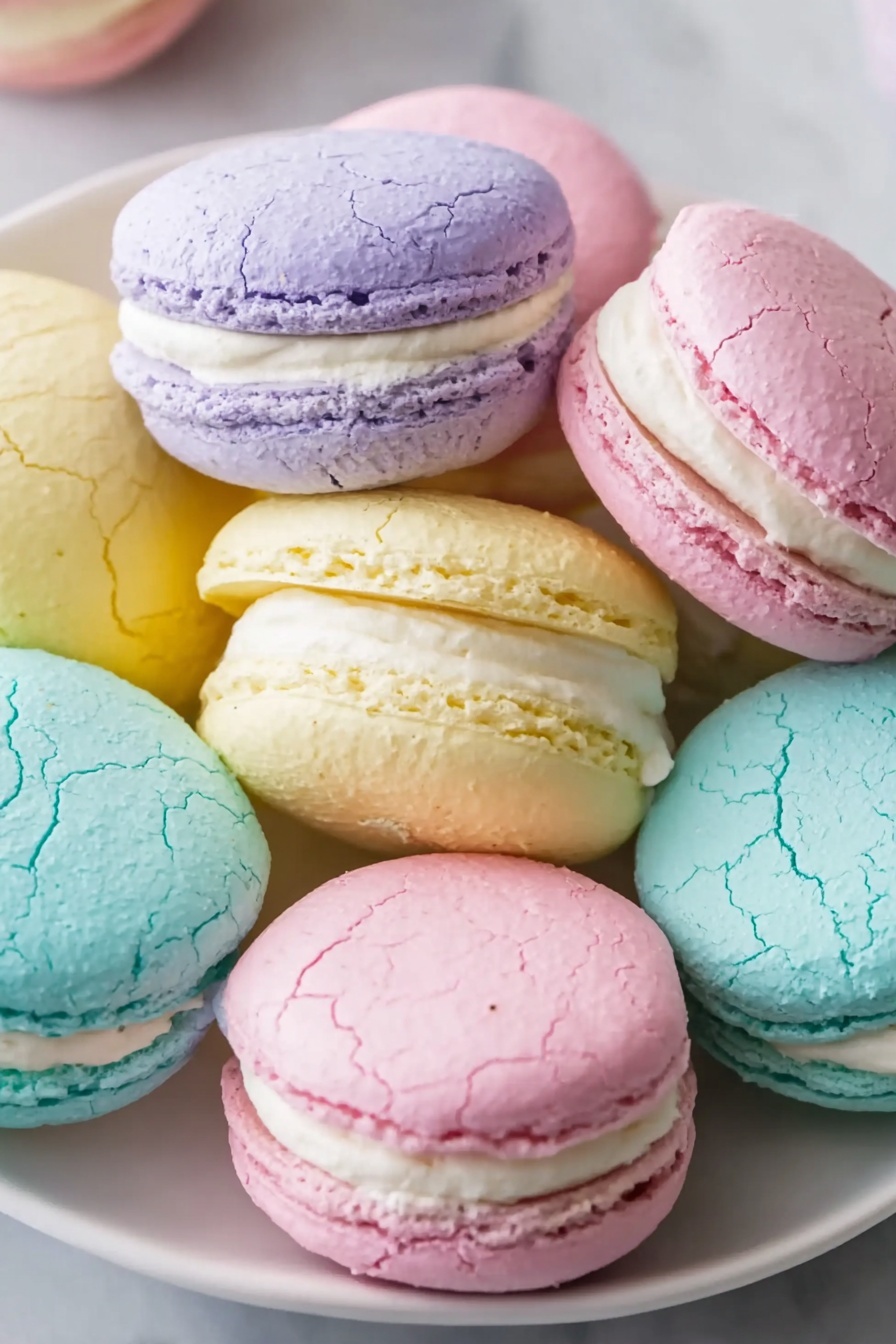 The image shows a close-up of seven colorful macaron sandwich cookies arranged on a white plate over a white marbled surface. Each macaron has two round, cracked shells with a smooth, creamy filling in between. The macarons are in pastel colors: two light purple, one light pink, one pale yellow, one light blue, and two more light purple. The shells have a slightly rough texture with visible cracks, and the creamy filling is thick and white, filling the space between the shells evenly. Photo taken with an iphone --ar 2:3 --v 7 - Pastel Sugar Cookie Sandwiches, colorful sugar cookies, vanilla filling cookie sandwiches, soft tender cookie recipe, easy pastel cookies