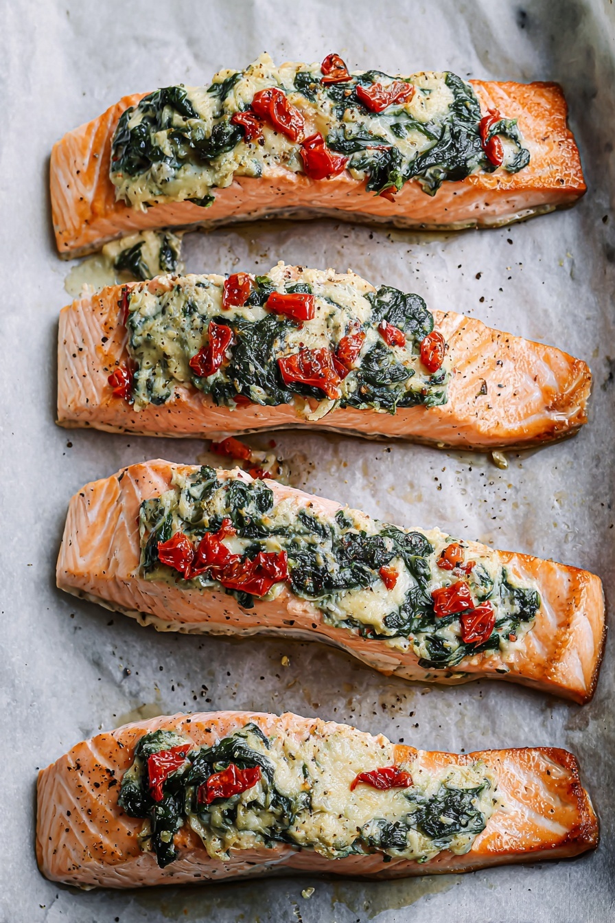 Four cooked salmon fillets lie side by side on a sheet of baking paper over a white marbled surface. Each fillet has a pink-orange base color with light grill marks and a slightly glossy texture. On top of each fillet, there is a layer of creamy white cheese mixed with dark green spinach leaves and small bright red roasted pepper chunks, slightly browned from cooking. The fillets are seasoned with small black pepper specks visible across the flesh. Photo taken with an iphone --ar 2:3 --v 7 - Stuffed Salmon with Spinach and Feta, baked salmon with feta and spinach, easy stuffed salmon recipe, healthy salmon dinner, gourmet salmon ideas