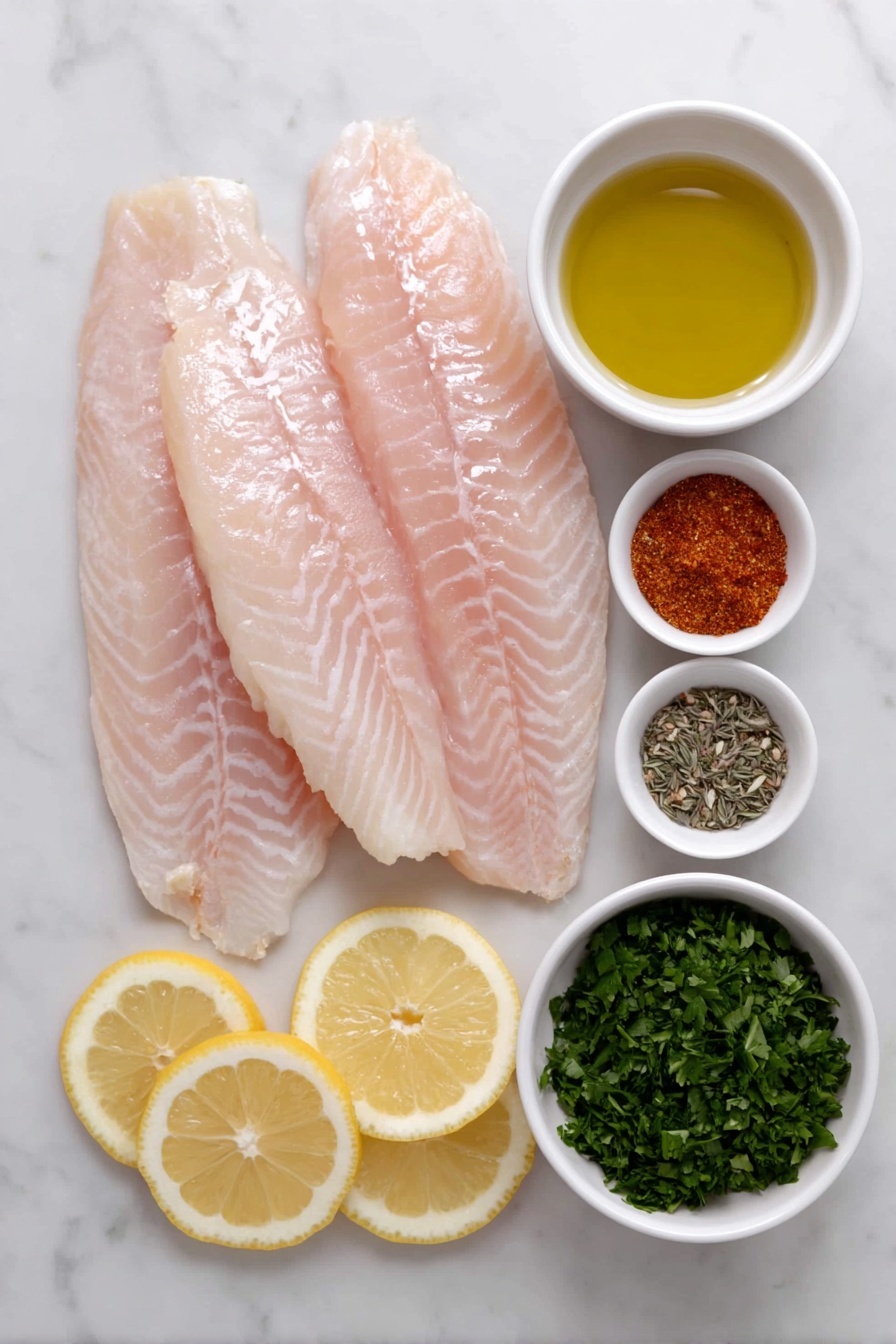 Flat lay of three fresh tilapia fillets with natural shine and texture, a small white ceramic bowl filled with golden olive oil, a small white ceramic bowl containing reddish paprika powder, a small white ceramic bowl with pale beige garlic powder, a small white ceramic bowl of dried thyme leaves, a small white ceramic bowl sprinkled with coarse kosher salt, a small white ceramic bowl of coarse ground black pepper, several bright yellow lemon wedges neatly arranged, and a small pile of vibrant green minced fresh parsley, all arranged in perfect symmetry on a clean white marble surface, soft natural light, photo taken with an iPhone, professional food photography style, fresh ingredients, white ceramic bowls, no bottles, no duplicates, no utensils, no packaging --ar 2:3 --v 7 --p m7354615311229779997 - Air Fryer Tilapia, healthy tilapia recipes, quick fish dinner, easy air fryer fish, crispy tilapia fillet