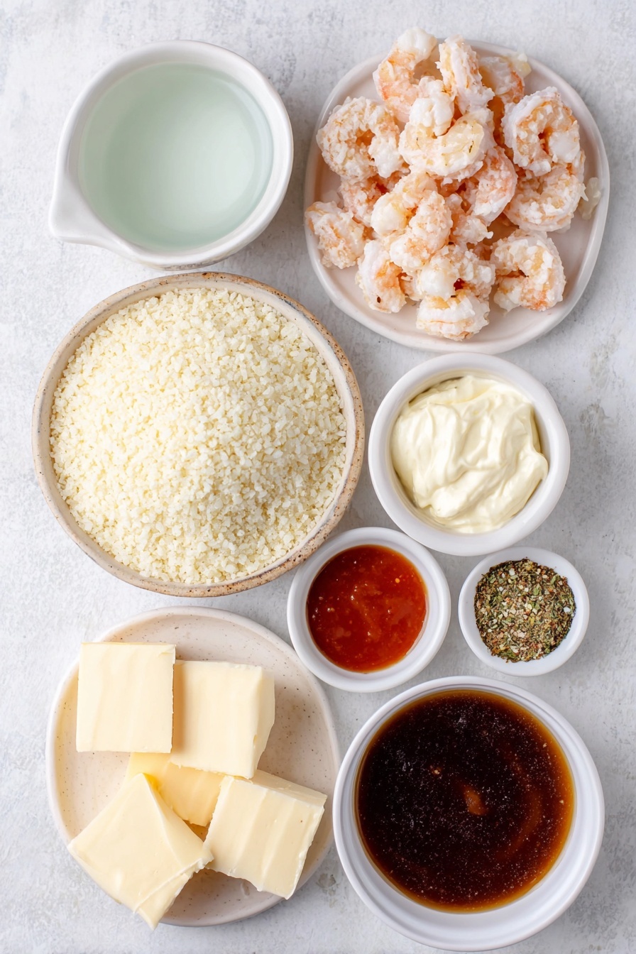 Flat lay of dry Calrose sushi rice in a small mound, a simple white ceramic bowl of clear water, a small white bowl filled with light amber seasoned rice vinegar, chopped imitation crab pieces arranged neatly on a white plate, a few golden-brown cooked tempura shrimp chopped into small segments on a white dish, a small white bowl of creamy Japanese mayonnaise, a white ceramic bowl with a smooth block of cream cheese, a small white bowl of bright red sriracha sauce, a small white bowl of green and black furikake seasoning flakes, a small white bowl of rich, dark brown unagi sauce placed on a clean white marble surface, soft natural light, photo taken with an iPhone, professional food photography style, fresh ingredients, white ceramic bowls, no bottles, no duplicates, no utensils, no packaging --ar 2:3 --v 7 --p m7354615311229779997 - Spicy Crab Sushi Bake, seafood casserole with crab and spicy flavors, easy sushi bake recipe, crab and spicy seafood casserole, quick sushi-inspired dinner