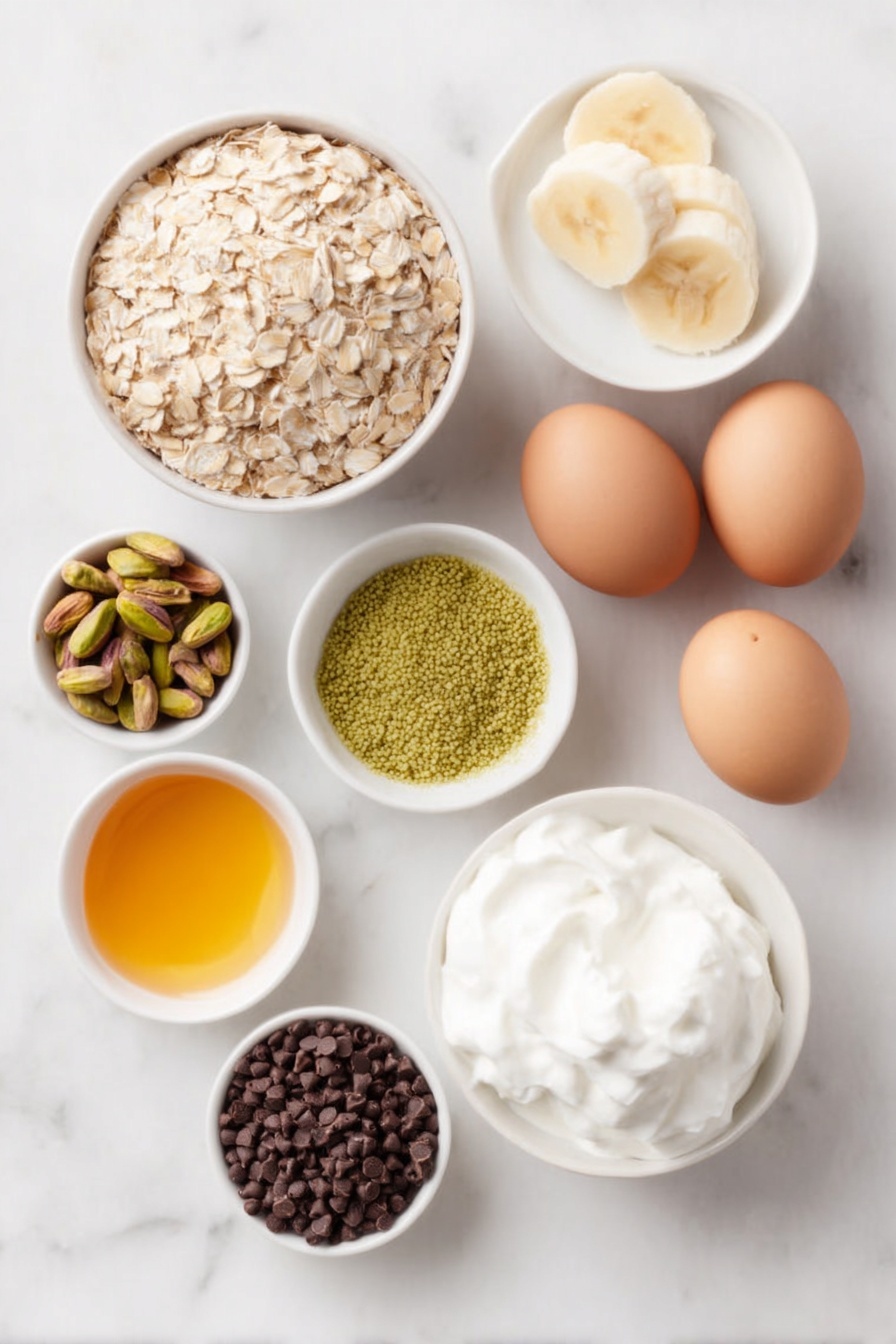 Flat lay of a small pile of rolled oats, a cup of plain Greek yogurt in a simple white ceramic bowl, a few tablespoons of bright green instant pistachio pudding powder in a small white bowl, a small white bowl filled with tiny black chia seeds, two whole uncracked brown eggs, a small white bowl of smooth honey with a golden hue, a few halves of fresh green pistachios scattered neatly, a perfectly peeled and sliced banana arranged in a fan shape, dark chocolate chips clustered in a small white bowl, and a dollop of fluffy whipped cream in another white ceramic bowl, all placed on a clean white marble surface, soft natural light, photo taken with an iPhone, professional food photography style, fresh ingredients, white ceramic bowls, no bottles, no duplicates, no utensils, no packaging --ar 2:3 --v 7 --p m7354615311229779997 - High Protein Pistachio Overnight Oats, healthy overnight oats, protein breakfast recipes, pistachio flavored oatmeal, make-ahead breakfast ideas