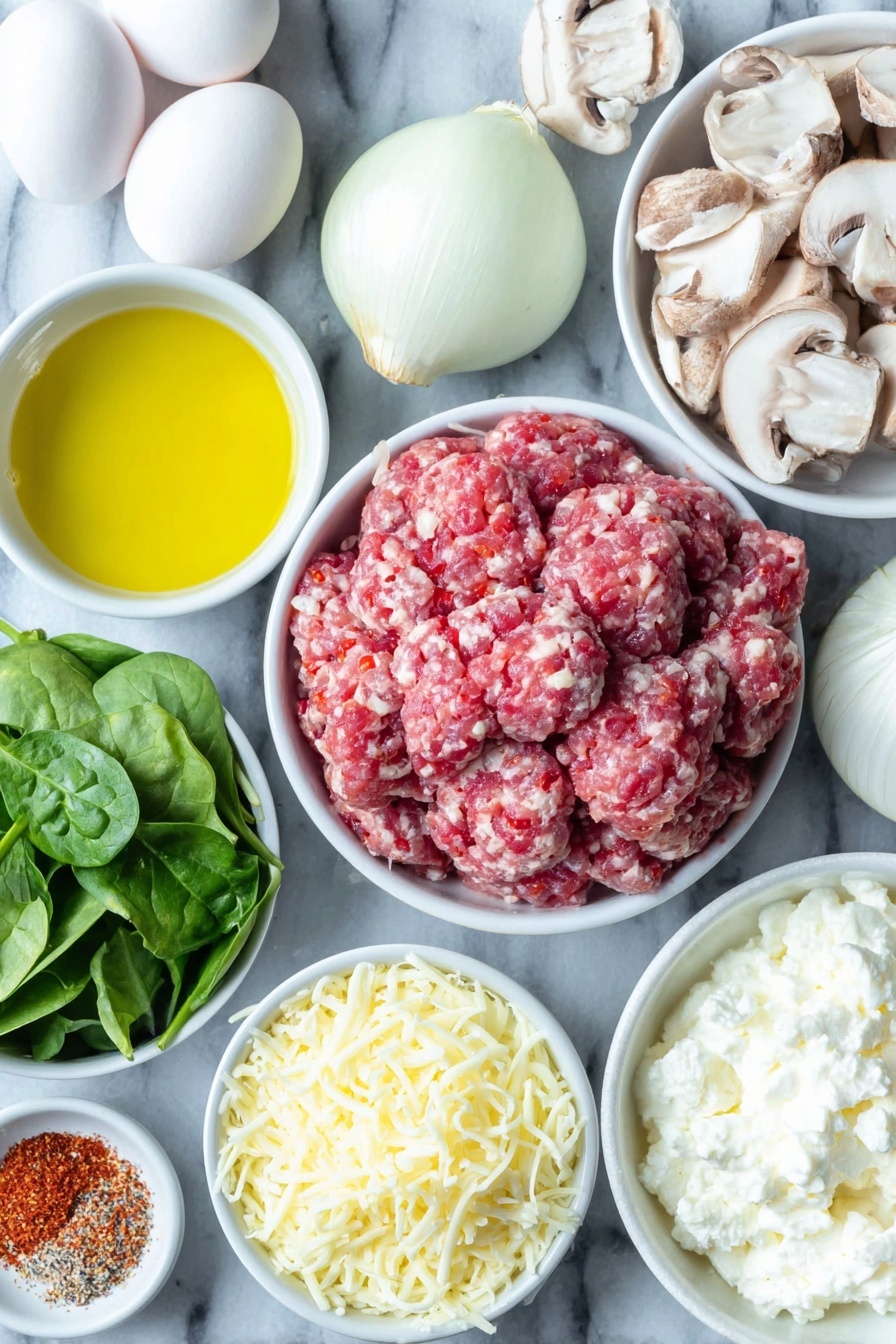 Flat lay of a small white ceramic bowl with golden avocado oil, a mound of fresh raw ground sausage, half a small white onion roughly chopped, half a bright red bell pepper diced, a handful of sliced white mushrooms, a small pile of vibrant green roughly chopped fresh spinach, eight whole uncracked brown eggs arranged neatly, a small white bowl filled with creamy white cottage cheese, a small white bowl heaped with shredded bright orange cheddar cheese, and a small scattering of mixed garlic powder, paprika, salt, and black pepper spices, all placed symmetrically on a clean white marble surface, soft natural light, photo taken with an iPhone, professional food photography style, fresh ingredients, white ceramic bowls, no bottles, no duplicates, no utensils, no packaging --ar 2:3 --v 7 --p m7354615311229779997 - Healthy Breakfast Egg Muffins, healthy egg muffins, make-ahead breakfast ideas, protein-packed breakfast, veggie egg muffins