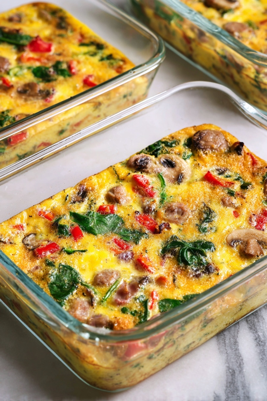 The image shows a rectangular glass baking dish filled with a baked egg casserole. The casserole has one visible thick layer filled with colorful ingredients, including yellow cooked eggs, green spinach leaves, red diced bell peppers, browned sausage pieces, and slices of brown mushrooms. The surface of the casserole is slightly browned with a texture that looks soft and moist. The dish is placed on a white marbled texture surface with part of another similar casserole dish visible in the background. Photo taken with an iphone --ar 2:3 --v 7 - Healthy Breakfast Egg Muffins, healthy egg muffins, make-ahead breakfast ideas, protein-packed breakfast, veggie egg muffins