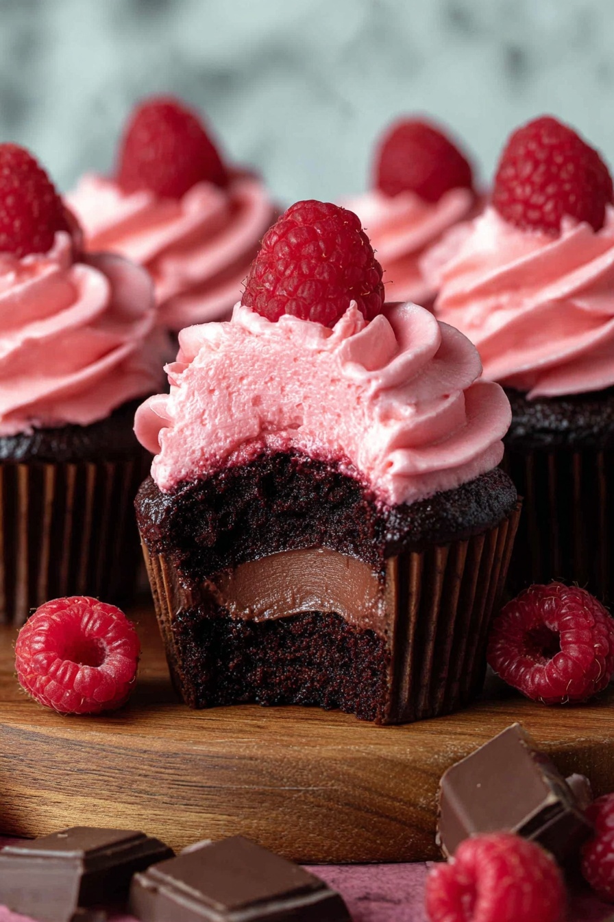 The image shows several dark chocolate cupcakes with three layers. The bottom layer is a moist dark brown chocolate cake. The middle layer is a rich, smooth chocolate filling inside the cupcake. The top layer is thick, swirled pink raspberry frosting that looks creamy and soft. Each cupcake is crowned with one bright red raspberry on top. Around the cupcakes on a wooden board, there are a few loose raspberries and pieces of chocolate. The background is a white marbled texture. photo taken with an iphone --ar 2:3 --v 7 - Chocolate Raspberry Cupcakes, Chocolate Raspberry Cupcakes Recipe, Fudgy Chocolate Raspberry Cupcakes, Easy Raspberry Chocolate Cupcakes, Valentine's Day Cupcakes
