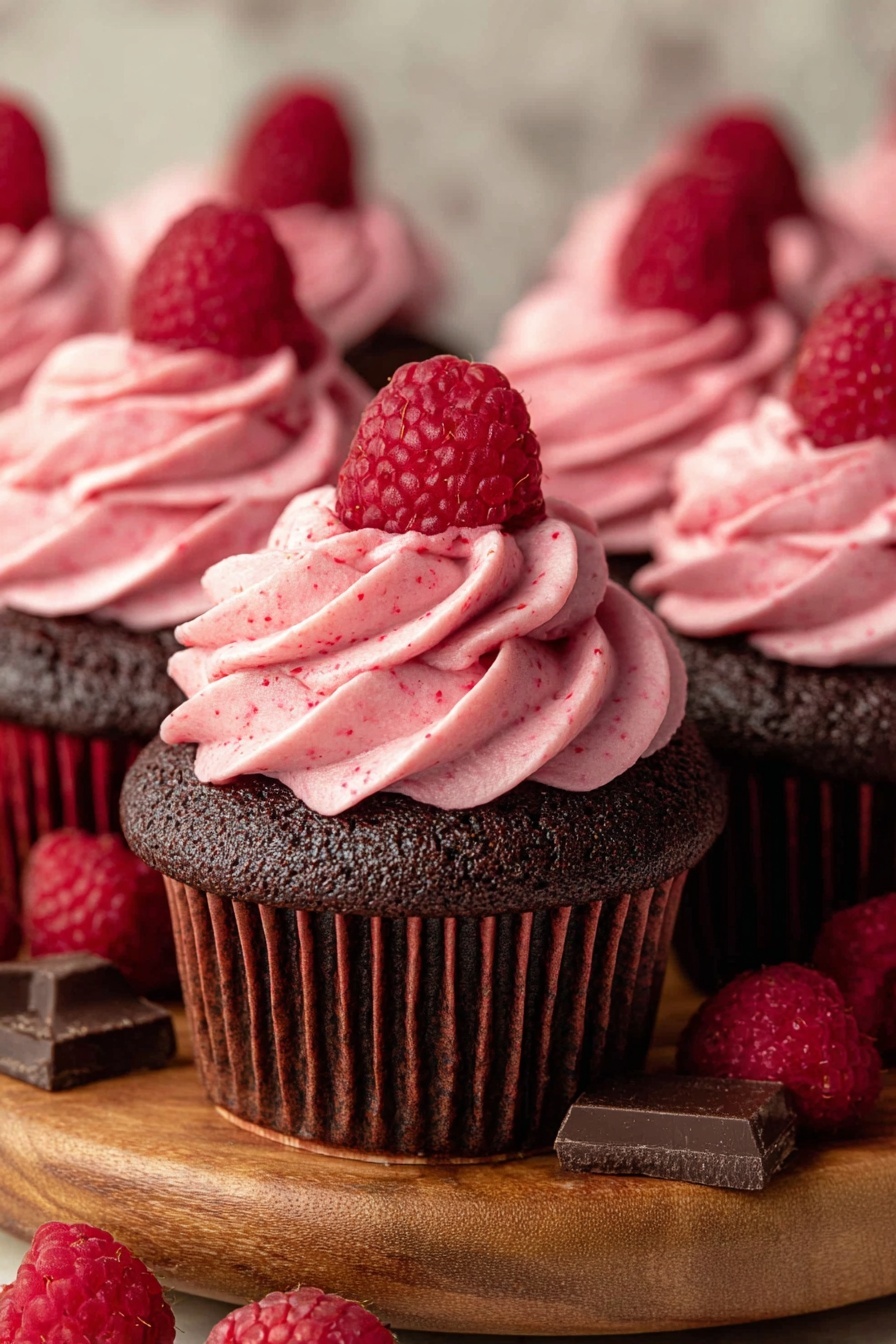 The image shows multiple chocolate cupcakes with one in the center. Each cupcake has two layers: the bottom layer is a dark brown chocolate cake, textured softly with visible ridges on the paper liner, and the top layer is a swirl of pink raspberry frosting with small berry specks. Each frosting swirl is topped with a bright red fresh raspberry. The cupcakes sit on a round wooden board with chocolate pieces and fresh raspberries scattered around. The background is a white marbled texture. photo taken with an iphone --ar 2:3 --v 7 - Chocolate Raspberry Cupcakes, Chocolate Raspberry Cupcakes Recipe, Fudgy Chocolate Raspberry Cupcakes, Easy Raspberry Chocolate Cupcakes, Valentine's Day Cupcakes