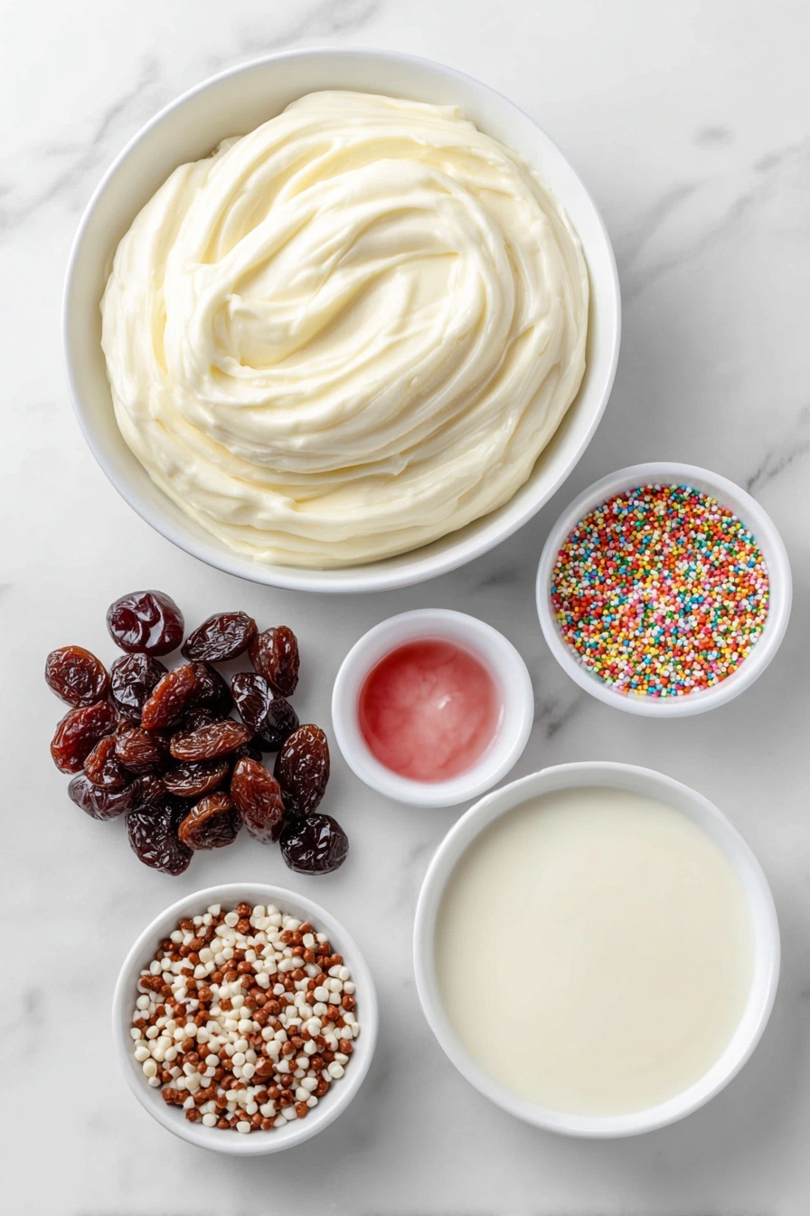 Flat lay of a simple white ceramic bowl filled with smooth white chocolate melting wafers, a small white bowl holding thick sweetened condensed milk, a tiny white bowl containing a few drops of vibrant pink gel food coloring, a handful of glossy dried cherries, and a small pile of colorful sprinkles, all arranged with perfect symmetry and balanced proportions, placed on a clean white marble surface, soft natural light, photo taken with an iPhone, professional food photography style, fresh ingredients, white ceramic bowls, no bottles, no duplicates, no utensils, no packaging --ar 2:3 --v 7 --p m7354615311229779997 - Pink White Chocolate Fudge, white chocolate fudge, pink fudge recipe, easy white chocolate fudge, homemade pink fudge
