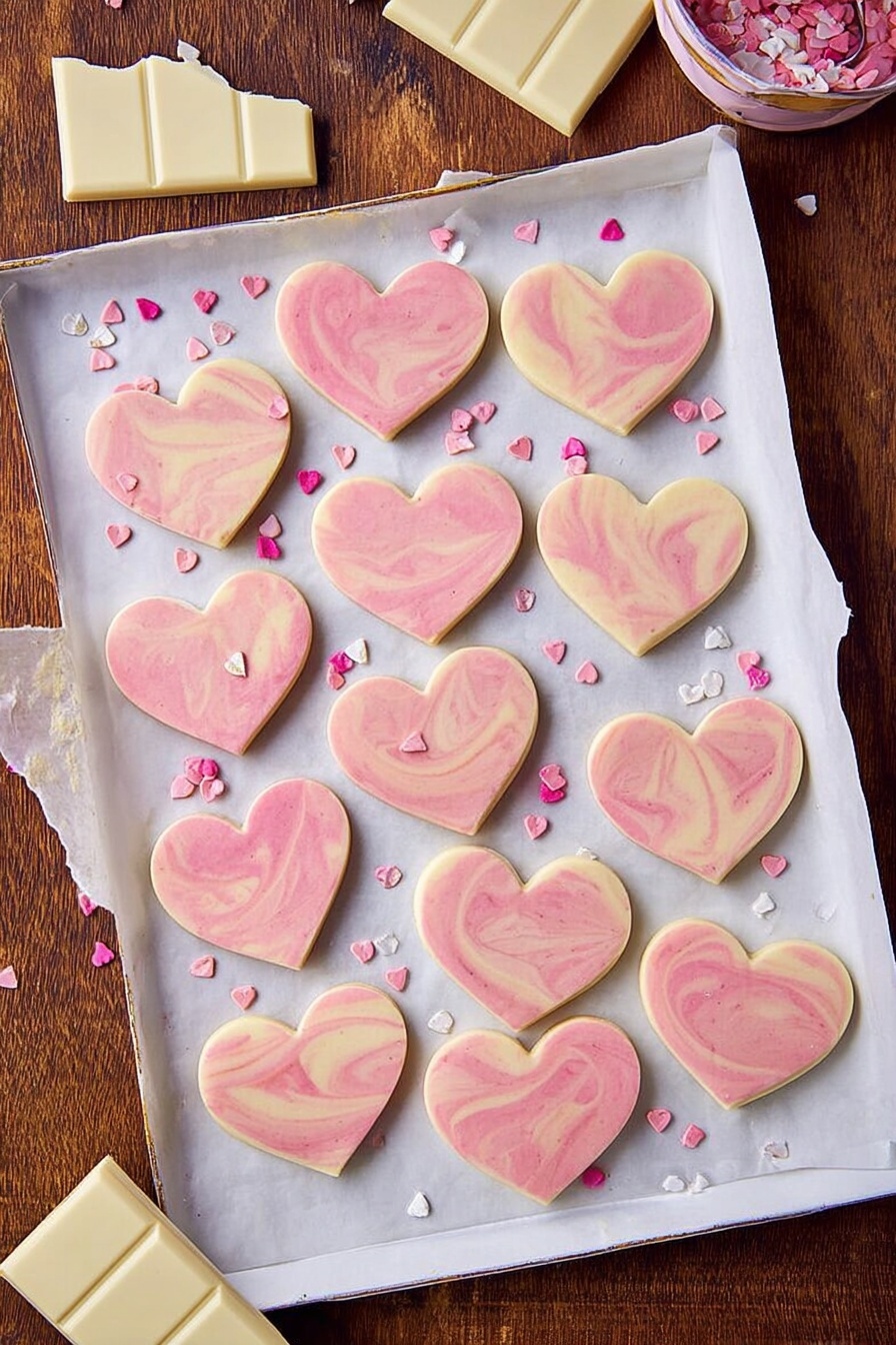 The image shows a stack of heart-shaped cookies with two visible layers. The bottom layer is a pale yellow cookie base, smooth and thick. The top layer is a pink icing with a soft marbled pattern in deeper pink shades, covering the entire cookie surface with a smooth, glossy texture. A small white heart-shaped sprinkle sits on the top right side of the top cookie. The cookies rest on a white marbled textured surface with scattered small heart-shaped sprinkles in pink and white around them. Photo taken with an iphone --ar 2:3 --v 7 - Pink White Chocolate Fudge, white chocolate fudge, pink fudge recipe, easy white chocolate fudge, homemade pink fudge