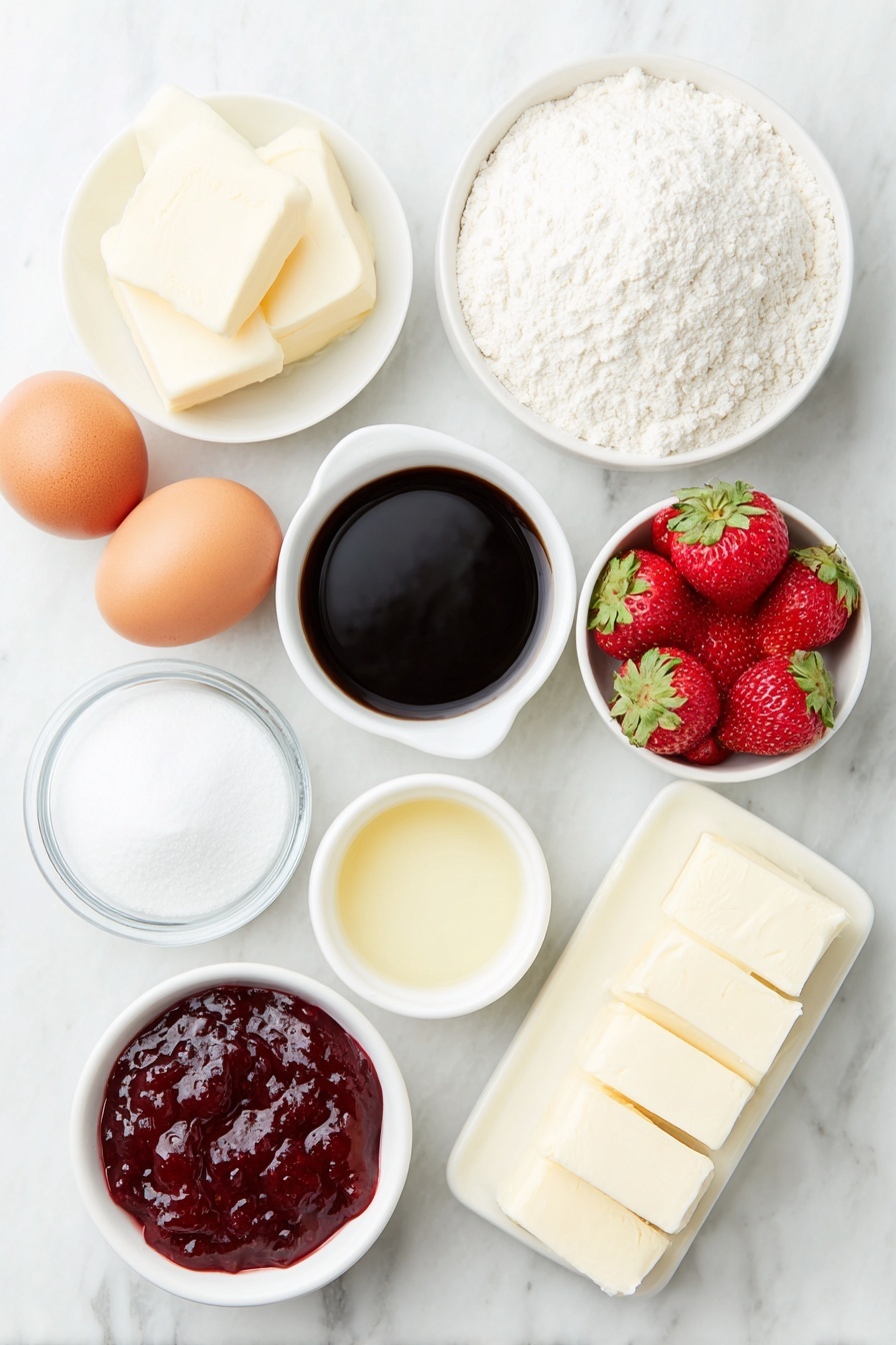 Flat lay of a small mound of pale yellow unsalted butter, a small white ceramic bowl of fine caster sugar, a small white ceramic bowl of vanilla extract, a neat pile of fine plain flour, a pinch of fine salt in a small white ceramic bowl, two whole uncracked brown eggs, a small white ceramic bowl of powdered icing sugar, two fresh bright red strawberries (one whole, one halved), a small white ceramic bowl with smooth red strawberry jam, a small white ceramic bowl of melted butter, a small white ceramic bowl of creamy milk, all evenly spaced with perfect symmetry and balanced proportions, placed on a clean white marble surface, soft natural light, photo taken with an iPhone, professional food photography style, fresh ingredients, white ceramic bowls, no bottles, no duplicates, no utensils, no packaging --ar 2:3 --v 7 --p m7354615311229779997 - Strawberry Heart Shortbread Cookies, shortbread cookies with strawberry glaze, heart-shaped strawberry cookies, easy strawberry shortbread, homemade fruit-filled cookies