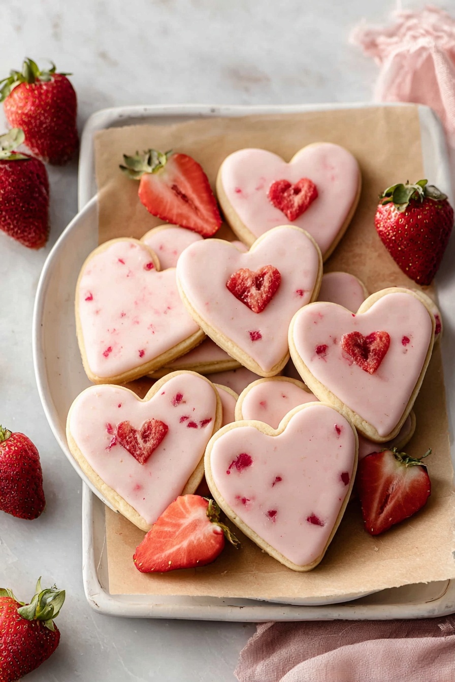 A stack of heart-shaped cookies with two layers each: a light tan cookie base and a pink frosting layer on top with little red pieces mixed in. Between the two cookie layers is a thick, glossy, bright red jam that slightly oozes out from the sides. The cookies are arranged closely together on a white marbled surface with one cookie showing a small bite taken out. The pink frosting has a smooth and shiny texture with tiny bits of red fruit visible, and one cookie near the front has a small dried strawberry piece on top. Photo taken with an iphone --ar 2:3 --v 7 - Strawberry Heart Shortbread Cookies, shortbread cookies with strawberry glaze, heart-shaped strawberry cookies, easy strawberry shortbread, homemade fruit-filled cookies