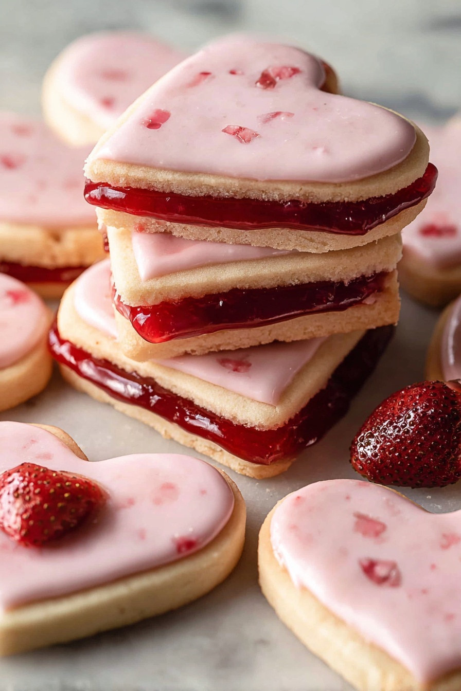 The image shows a set of heart-shaped cookies with two visible layers: a golden brown cookie base and a smooth, light pink icing layer on top, speckled with small red bits, some with a small dried strawberry piece as decoration. The cookies are placed on a white marbled surface with a few fresh strawberries scattered around, adding a bright red contrast. Some cookie crumbs and small smears of red jam or icing are casually spread around, giving a natural and inviting look. Photo taken with an iphone --ar 2:3 --v 7 - Strawberry Heart Shortbread Cookies, shortbread cookies with strawberry glaze, heart-shaped strawberry cookies, easy strawberry shortbread, homemade fruit-filled cookies
